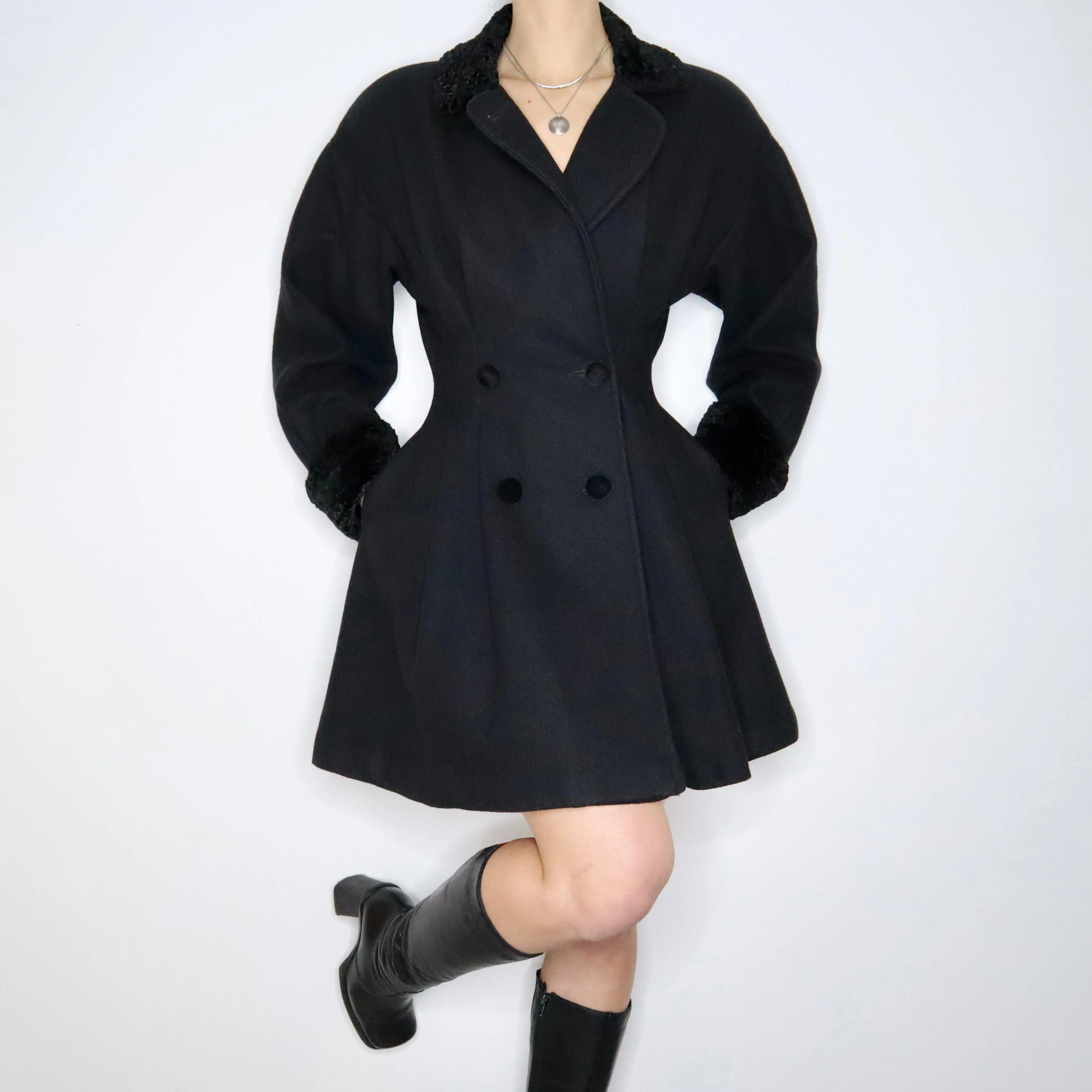 80s Black Wool Princess Coat (M)