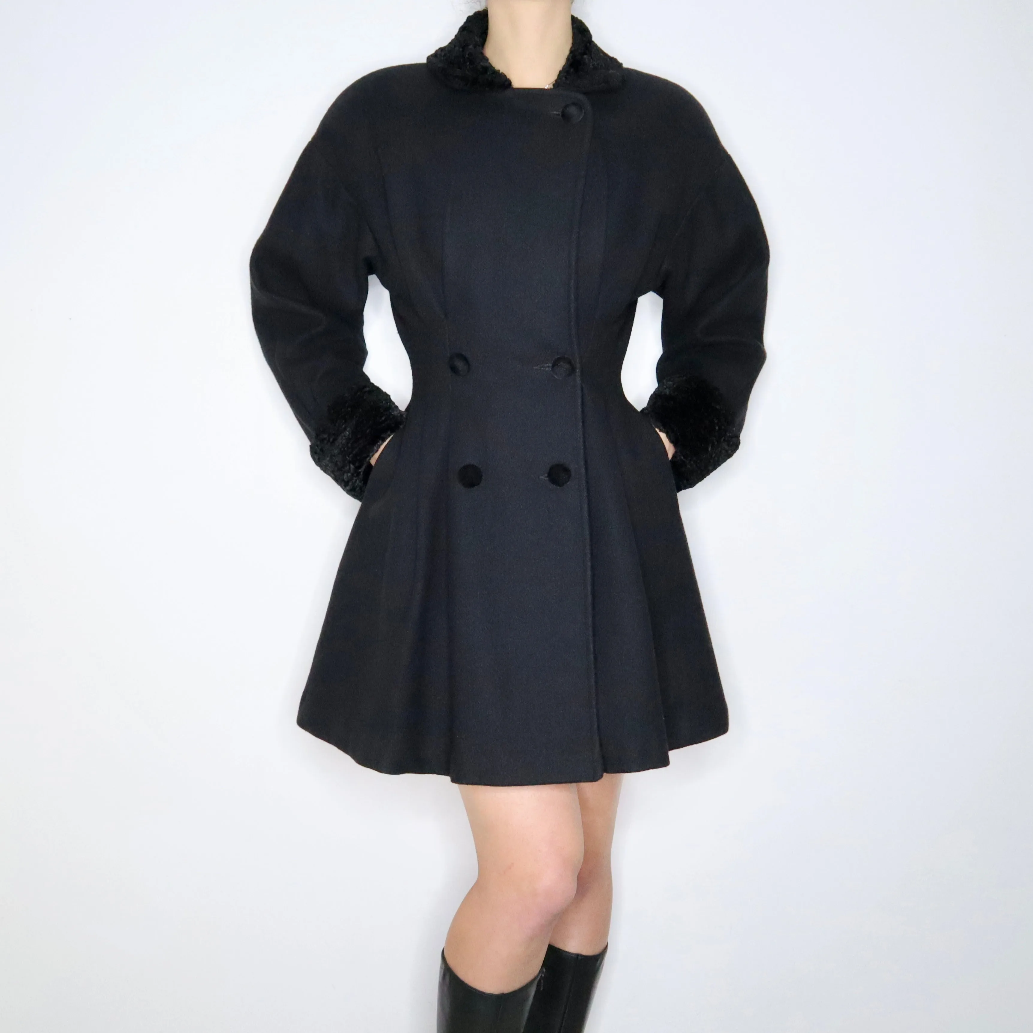 80s Black Wool Princess Coat (M)