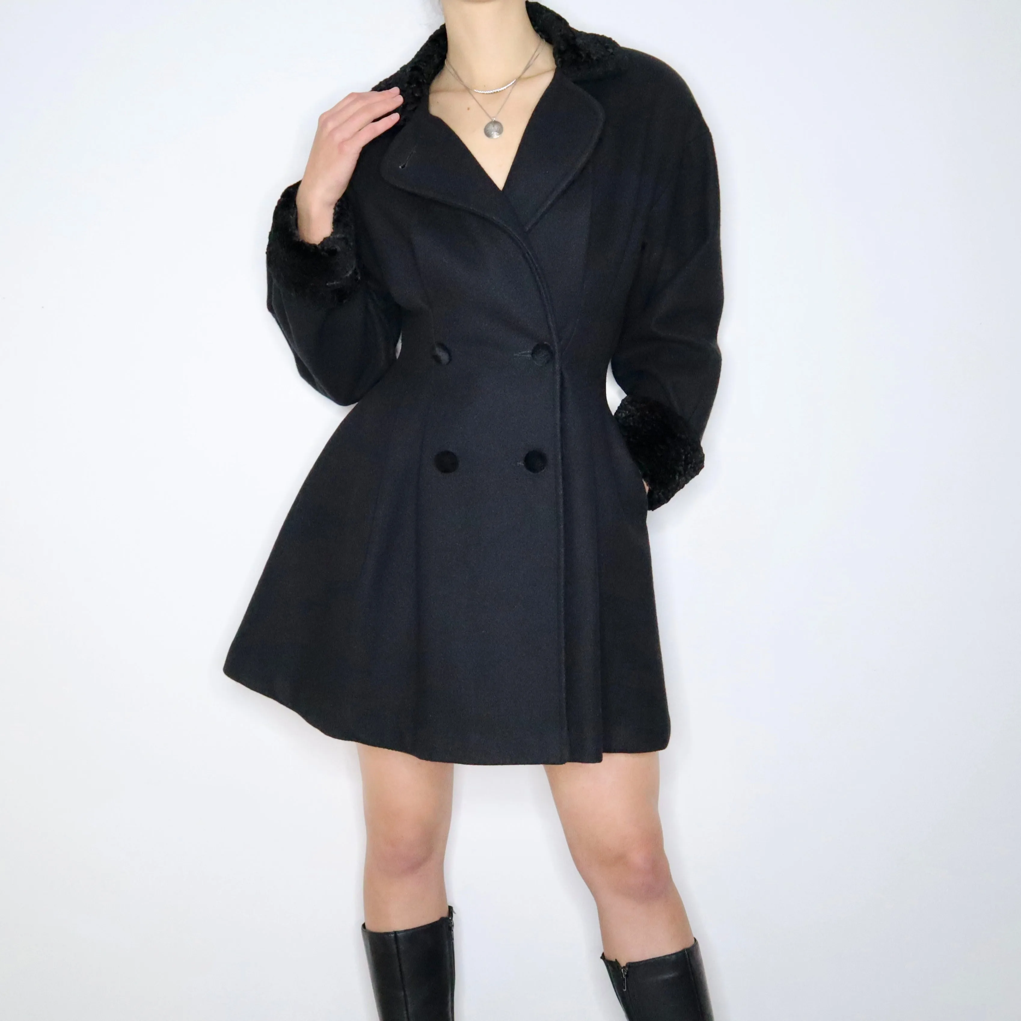 80s Black Wool Princess Coat (M)