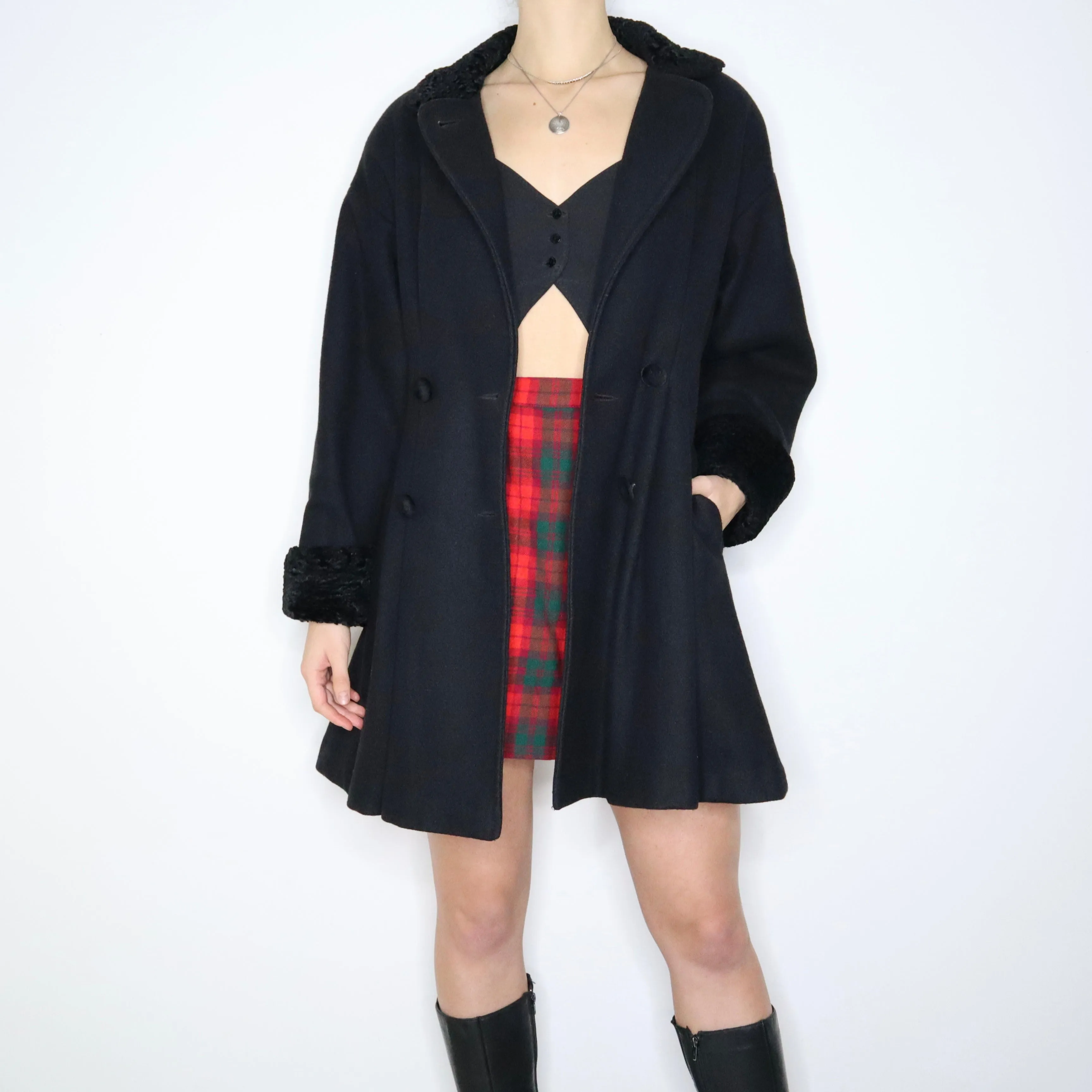 80s Black Wool Princess Coat (M)