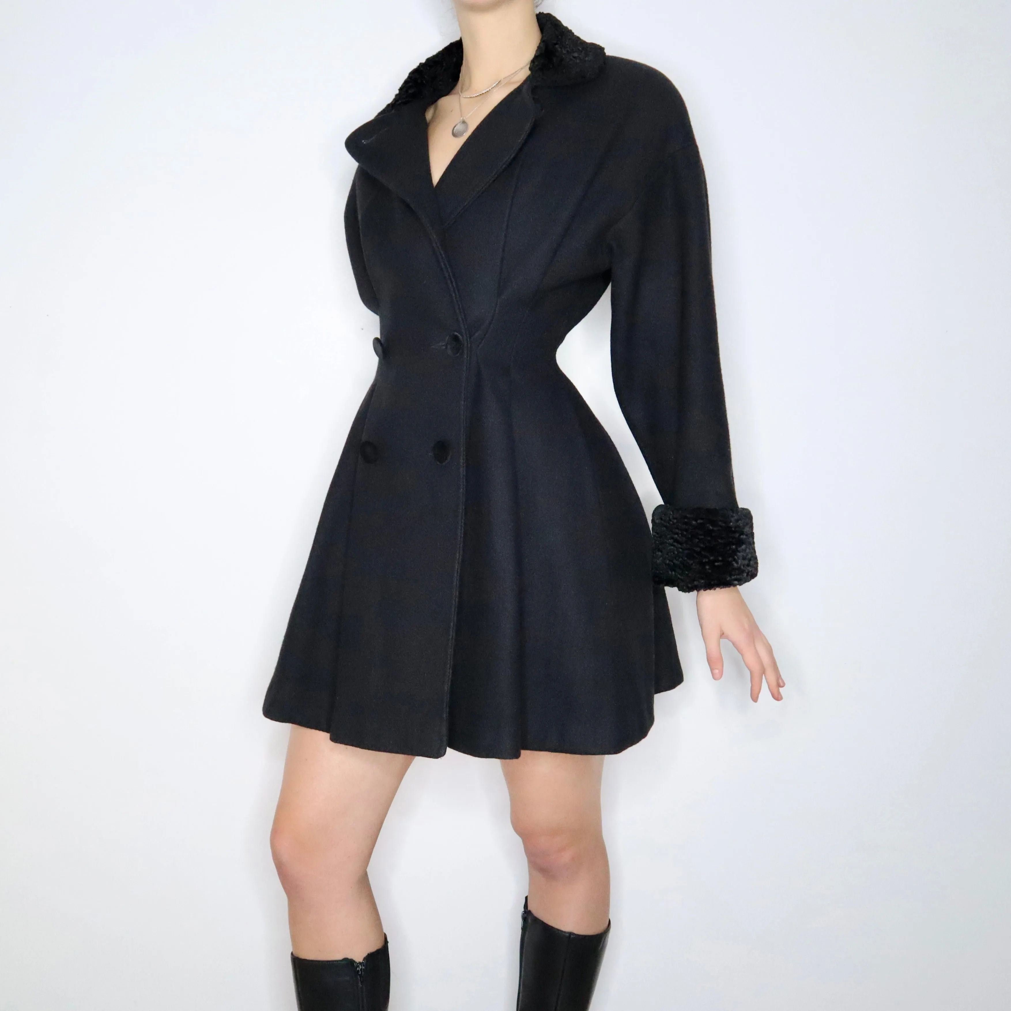 80s Black Wool Princess Coat (M)