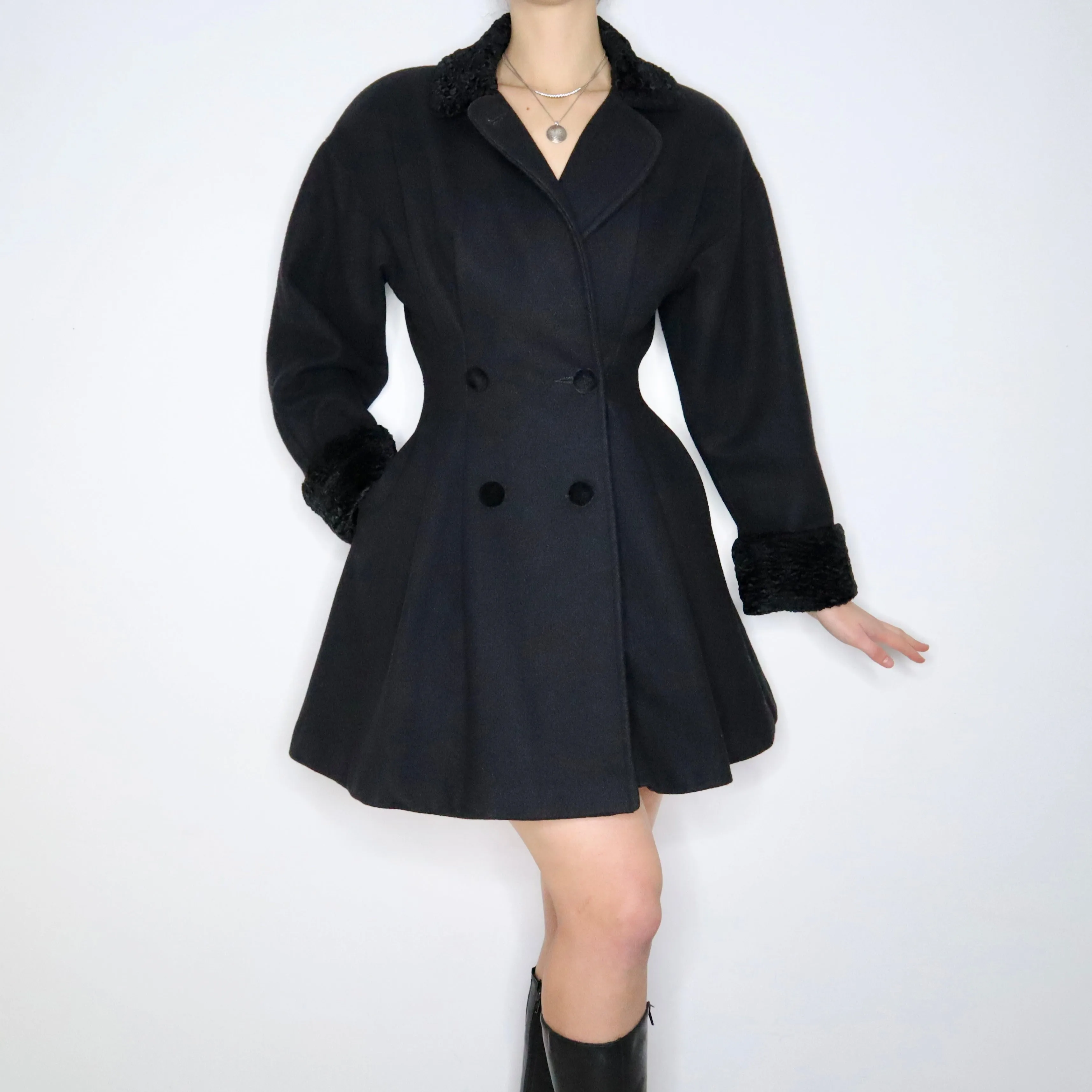 80s Black Wool Princess Coat (M)