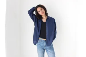80s PURE SILK Double Pocket Long Sleeve Shirt in Navy
