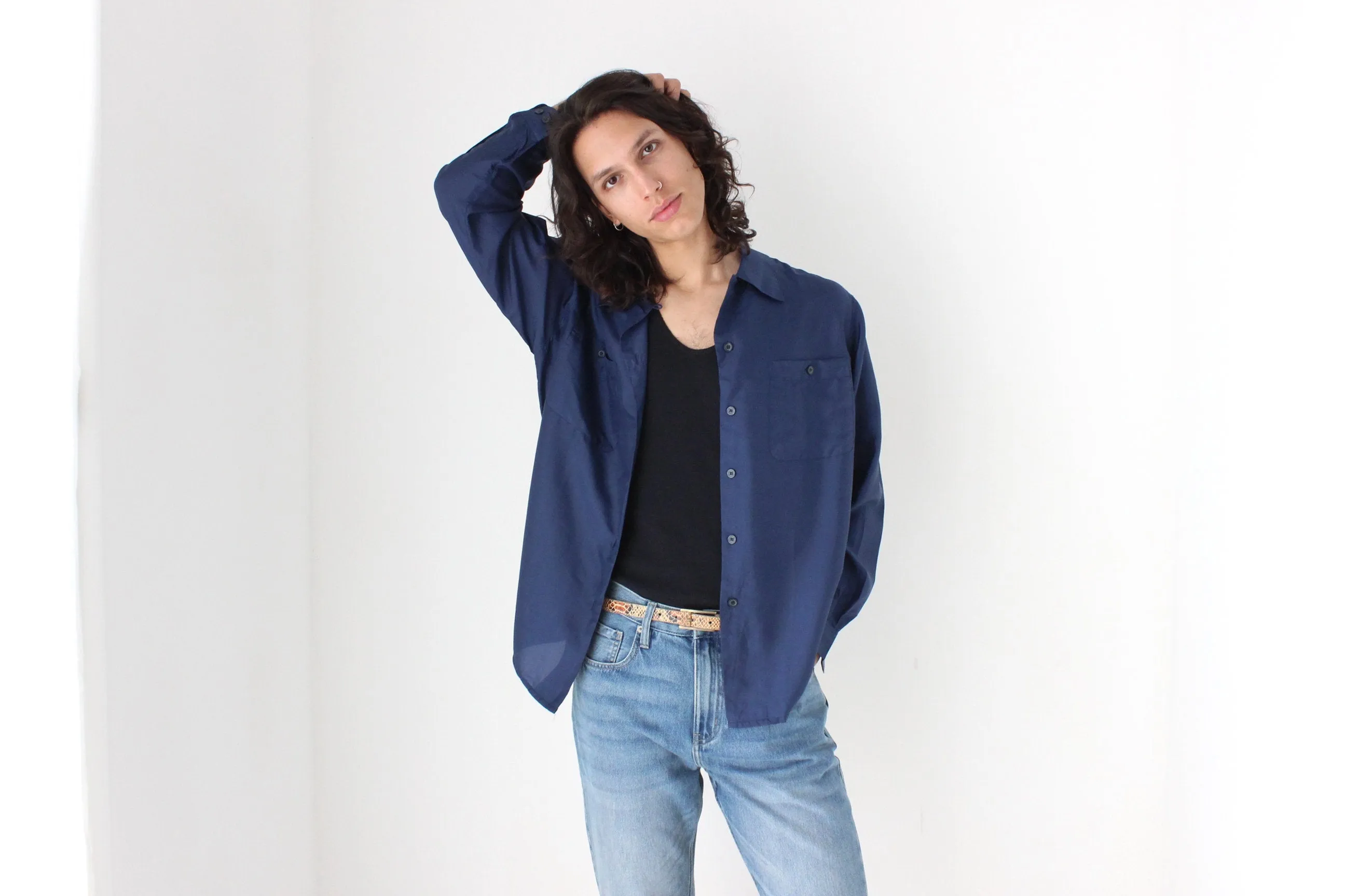 80s PURE SILK Double Pocket Long Sleeve Shirt in Navy