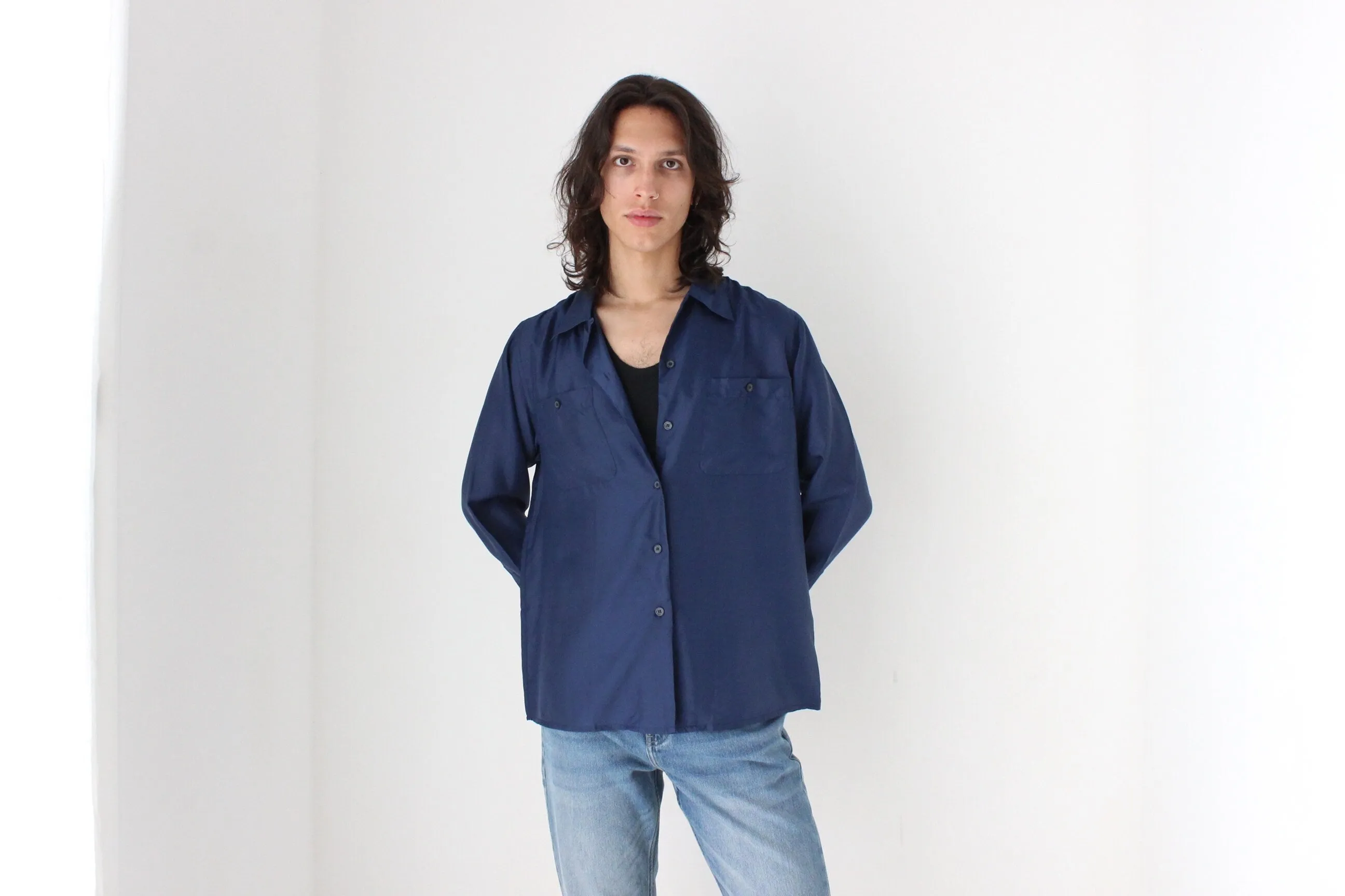 80s PURE SILK Double Pocket Long Sleeve Shirt in Navy