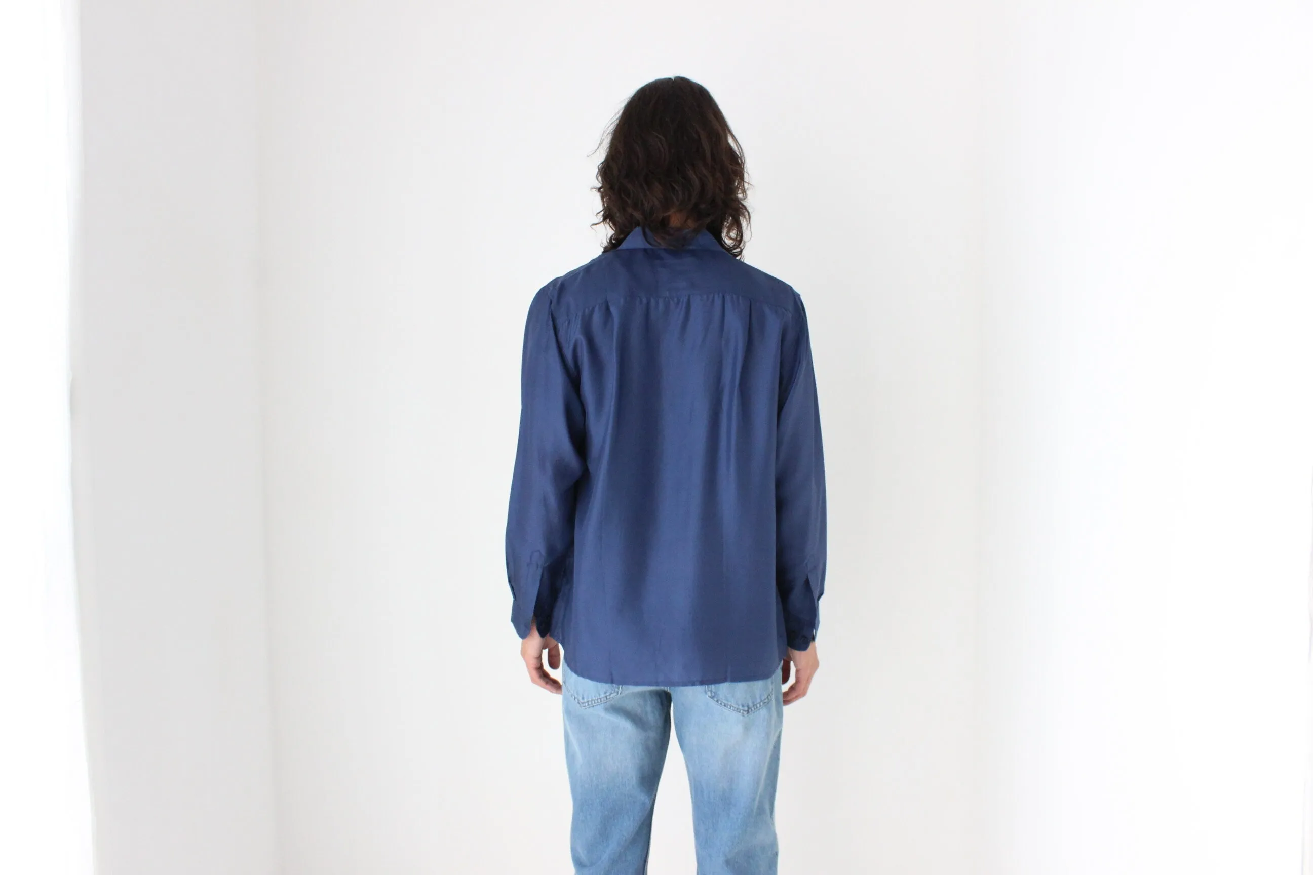 80s PURE SILK Double Pocket Long Sleeve Shirt in Navy