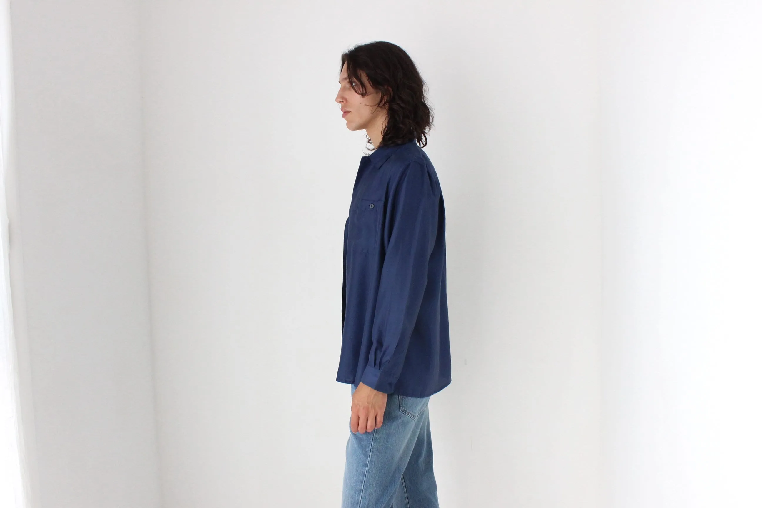 80s PURE SILK Double Pocket Long Sleeve Shirt in Navy