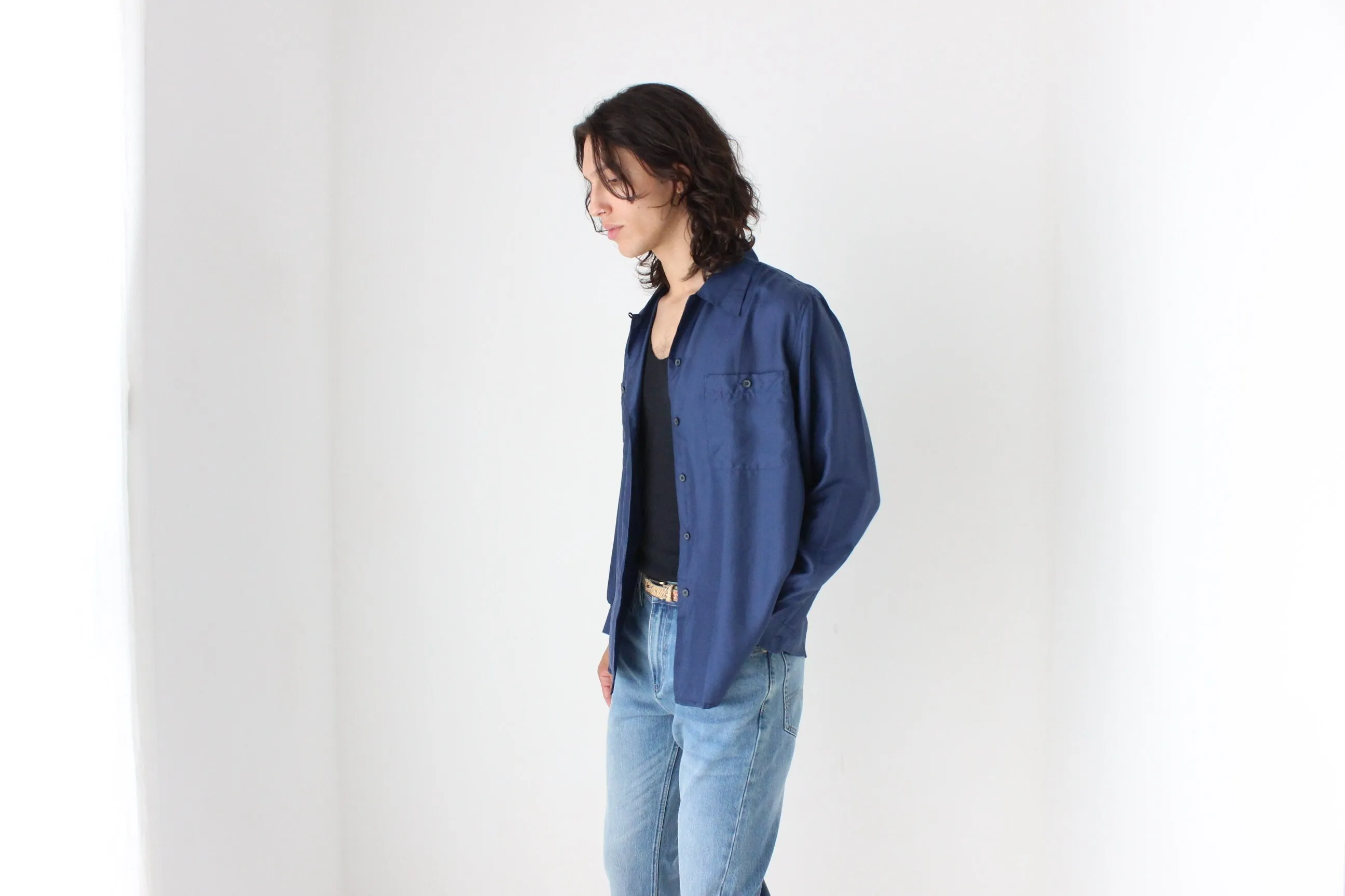 80s PURE SILK Double Pocket Long Sleeve Shirt in Navy