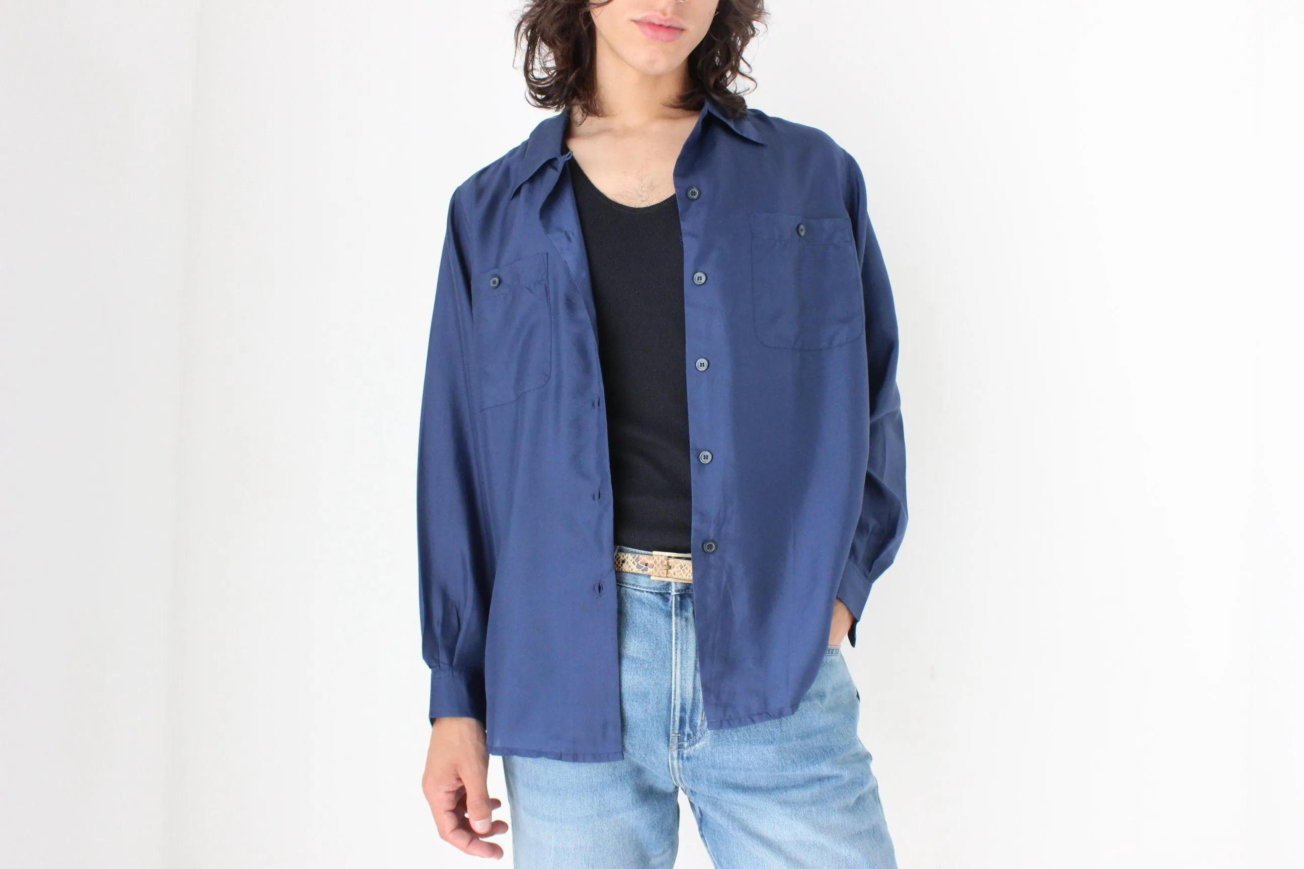 80s PURE SILK Double Pocket Long Sleeve Shirt in Navy
