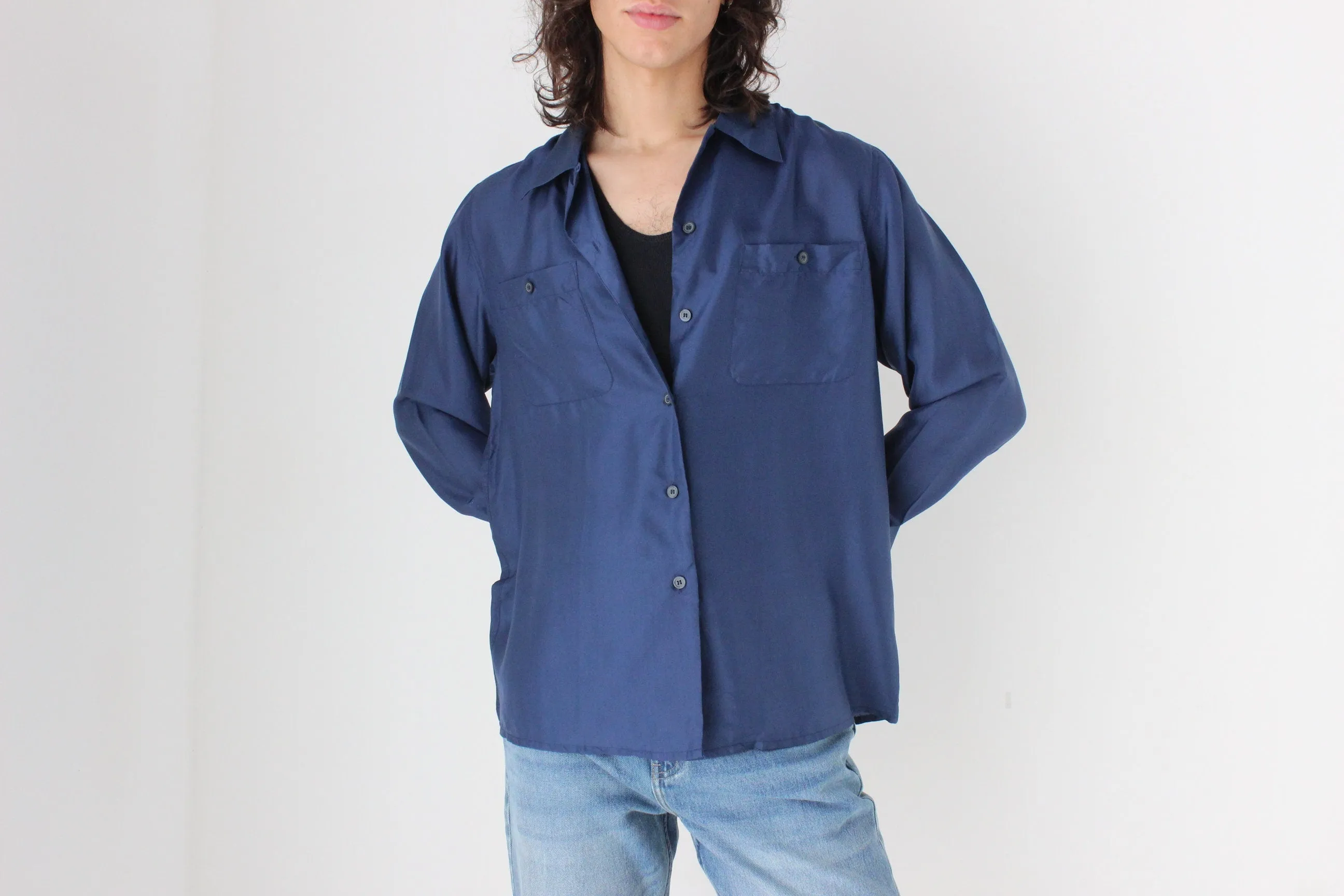 80s PURE SILK Double Pocket Long Sleeve Shirt in Navy