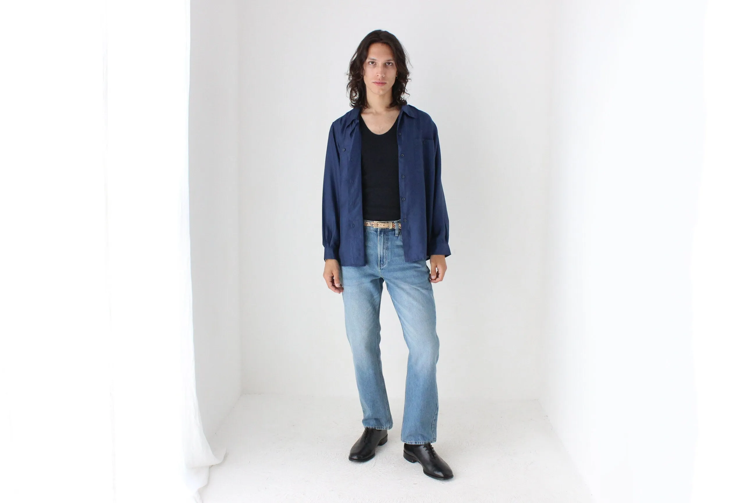 80s PURE SILK Double Pocket Long Sleeve Shirt in Navy