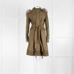 Alexander McQueen Khaki Jewelled Military Coat With Fur Collar