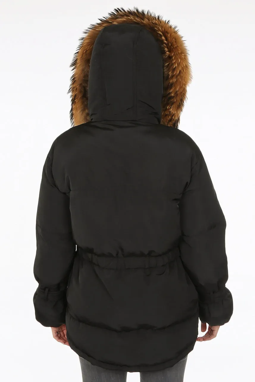 Black Natural Fur Hood Attentif Tie Up Puffer Jacket - Jemima