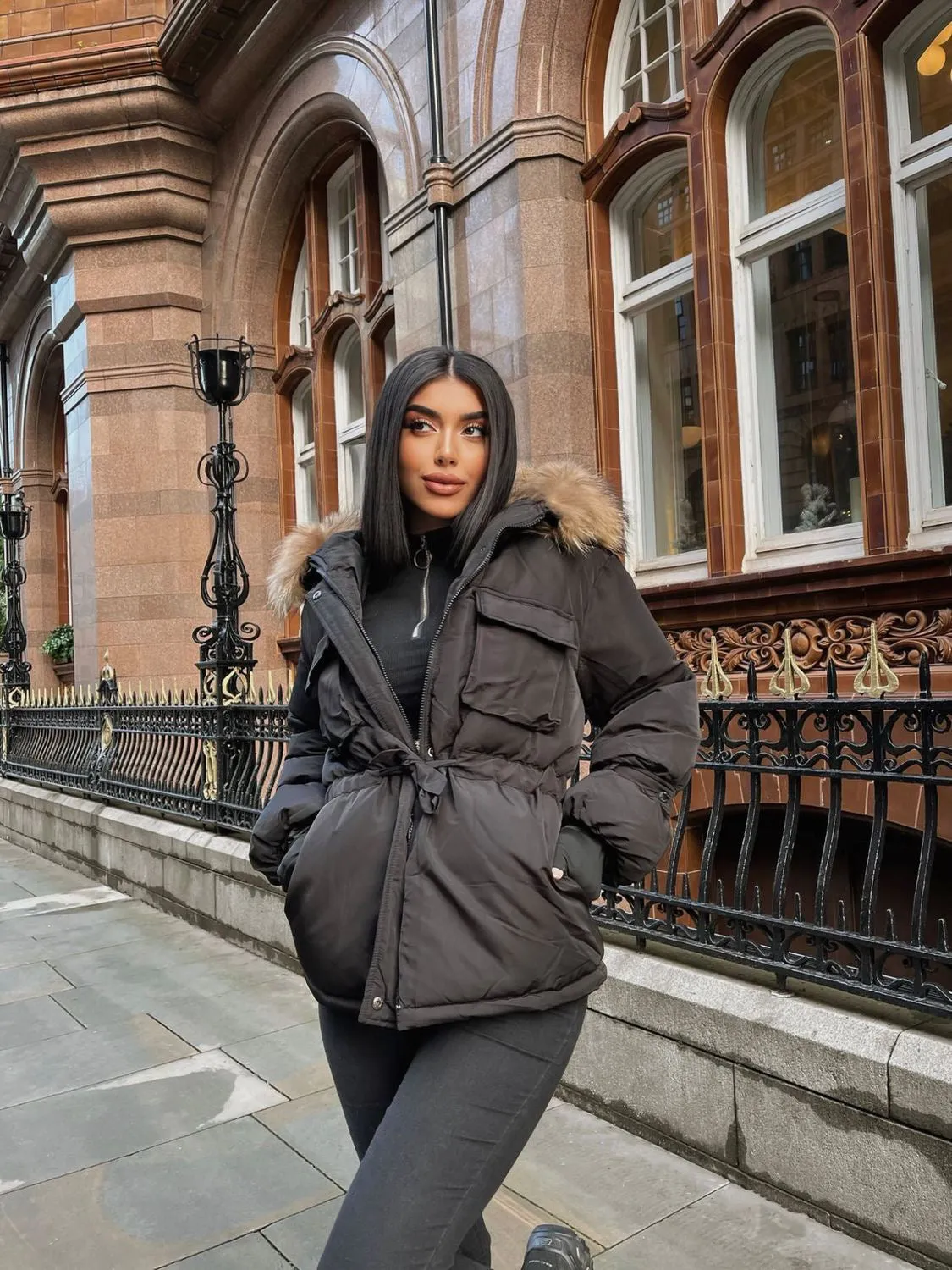 Black Natural Fur Hood Attentif Tie Up Puffer Jacket - Jemima