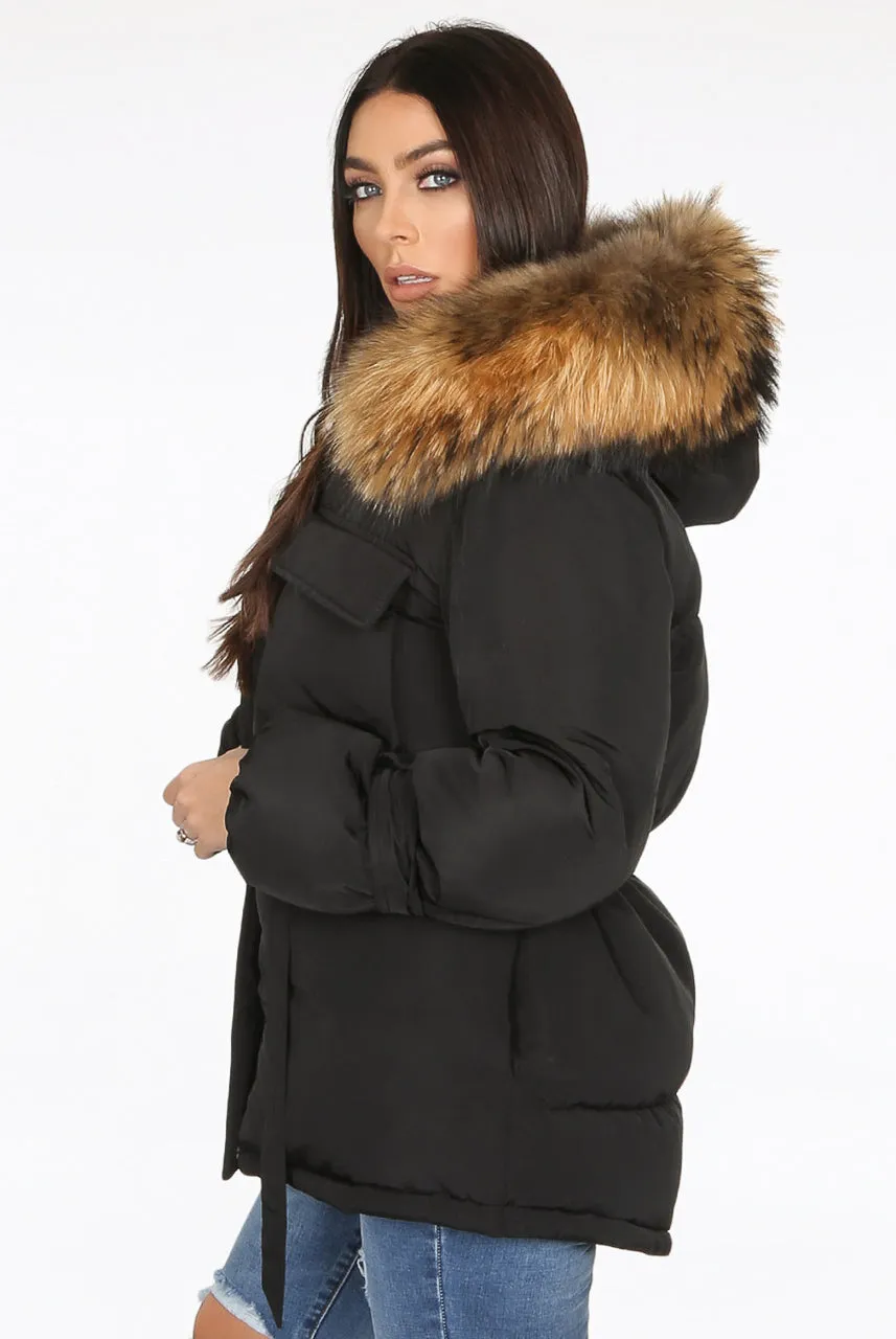 Black Natural Fur Hood Attentif Tie Up Puffer Jacket - Jemima