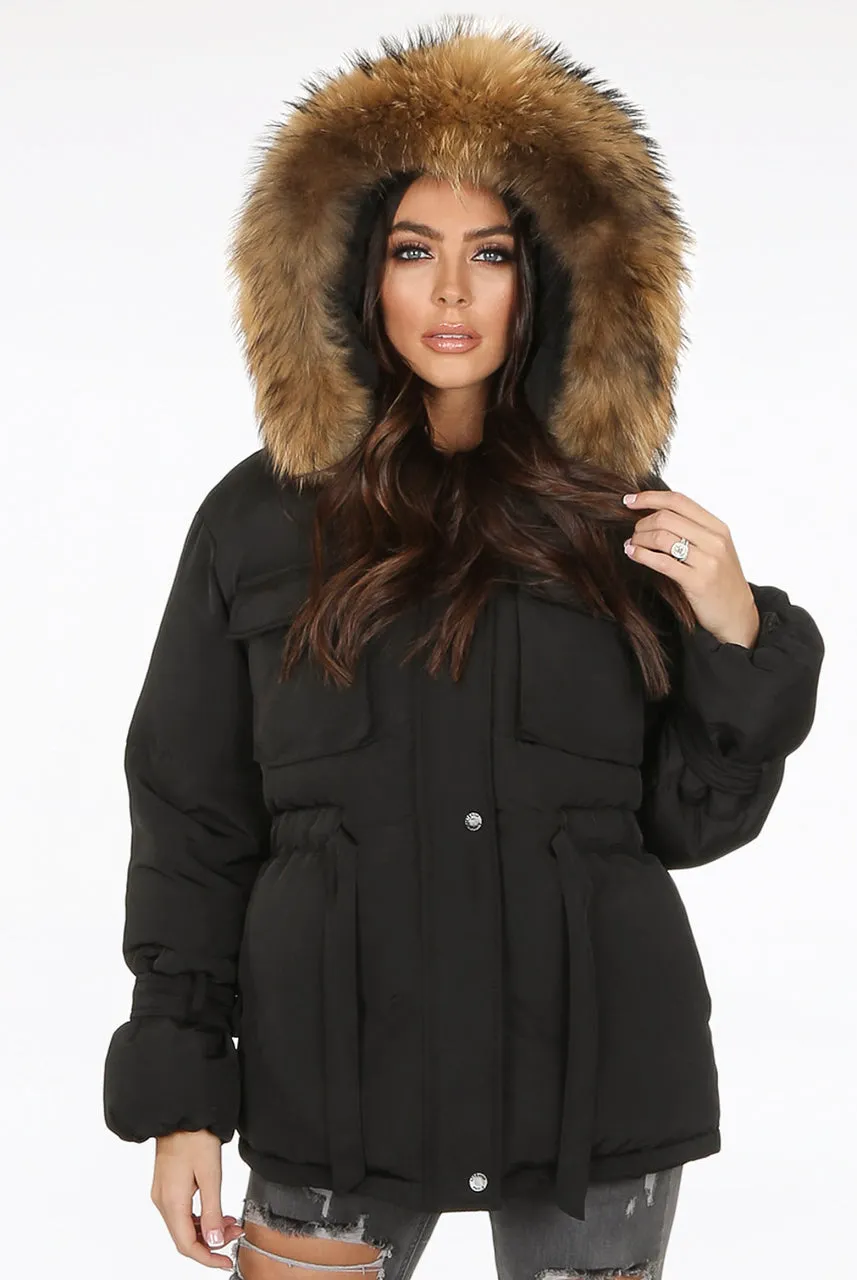 Black Natural Fur Hood Attentif Tie Up Puffer Jacket - Jemima