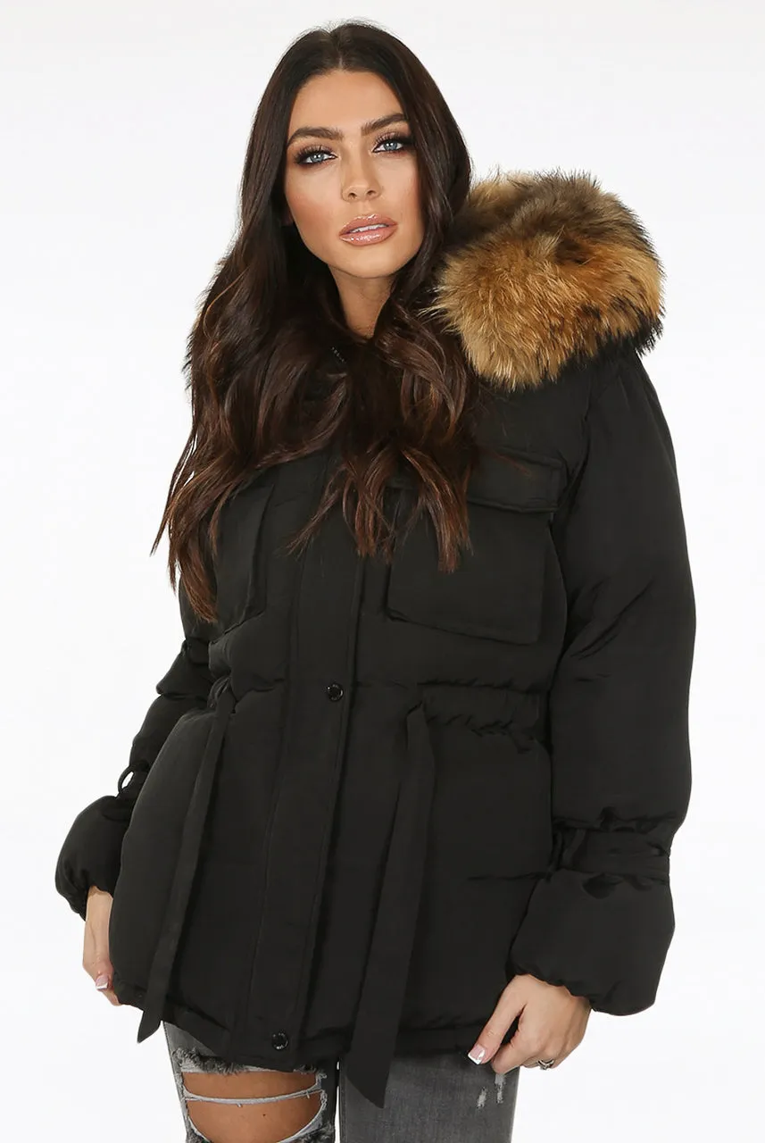 Black Natural Fur Hood Attentif Tie Up Puffer Jacket - Jemima