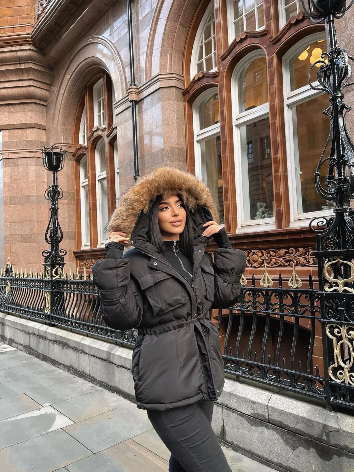 Black Natural Fur Hood Attentif Tie Up Puffer Jacket - Jemima