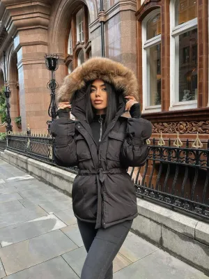 Black Natural Fur Hood Attentif Tie Up Puffer Jacket - Jemima