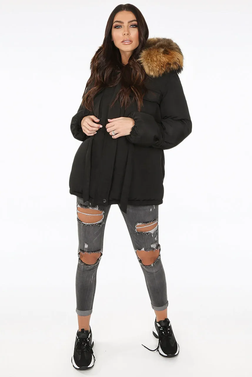 Black Natural Fur Hood Attentif Tie Up Puffer Jacket - Jemima