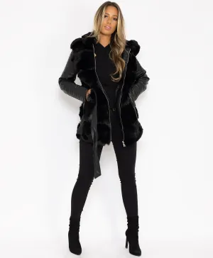 Black Tiered Faux Fur Trim PU PVC Hooded Coat Jacket