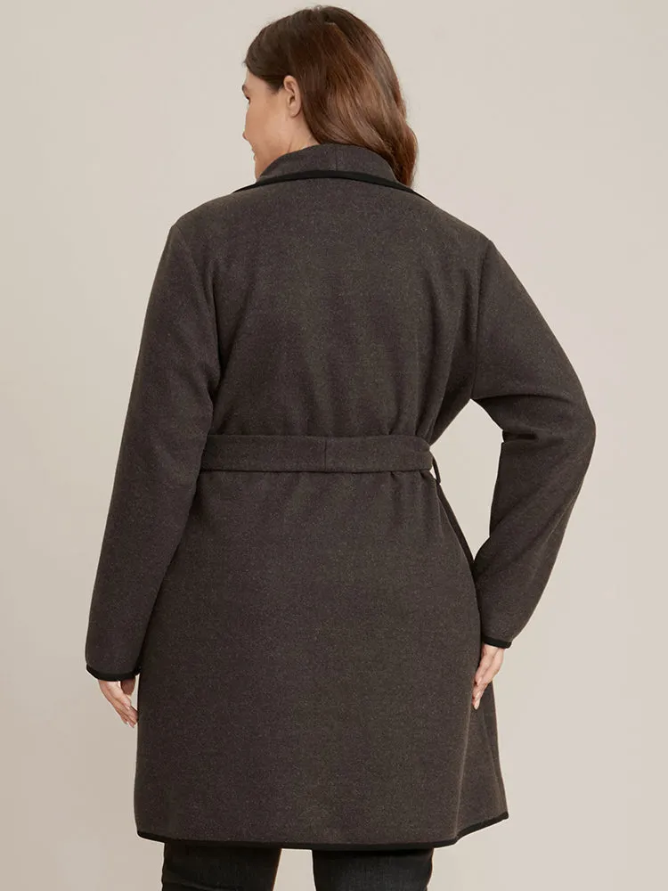 Contrast Trim Pocket Belted Lapel Collar Coat