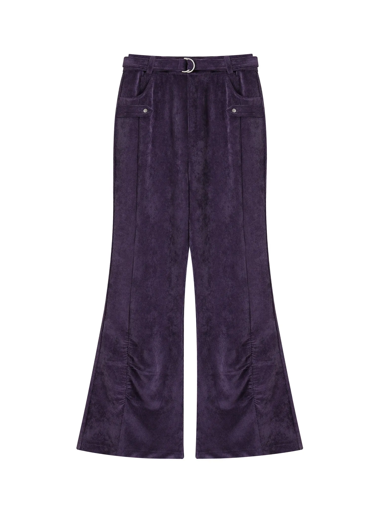 Corduroy Casual Gather Plain Flare-Pants