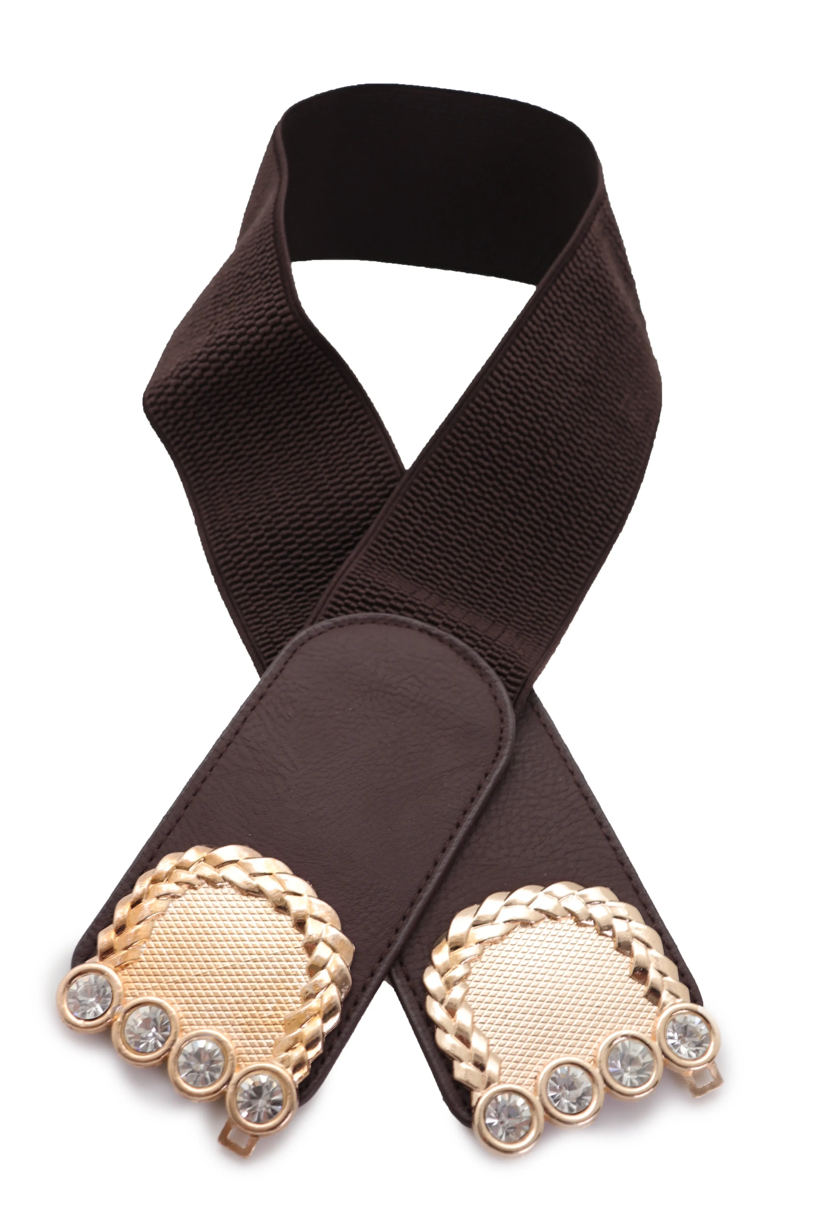 Dark Brown Elastic Fashion Belt Gold Metal Buckle S M