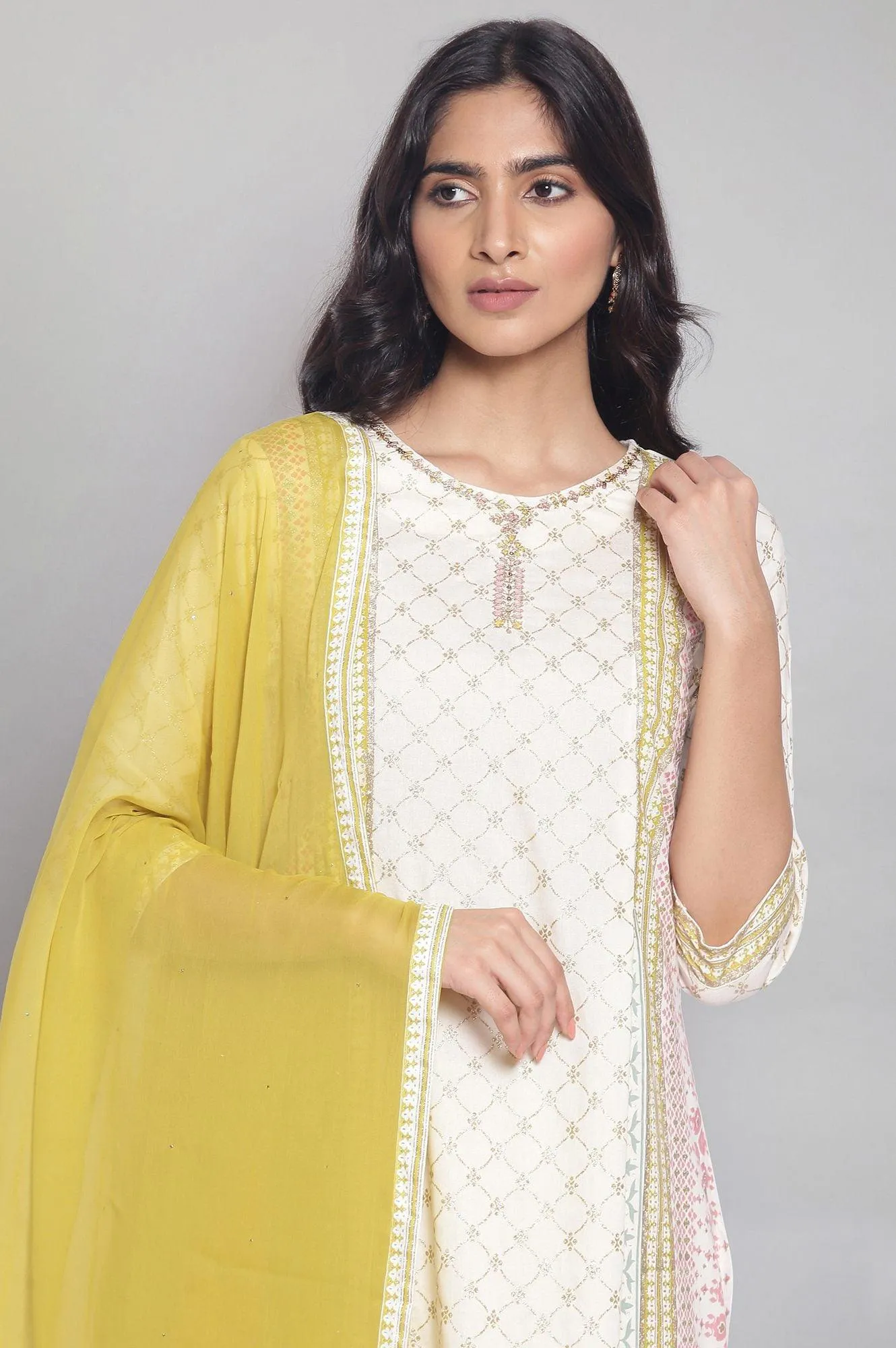 Ecru Mock Layered kurta-Culottes-Mesh Dupatta Set