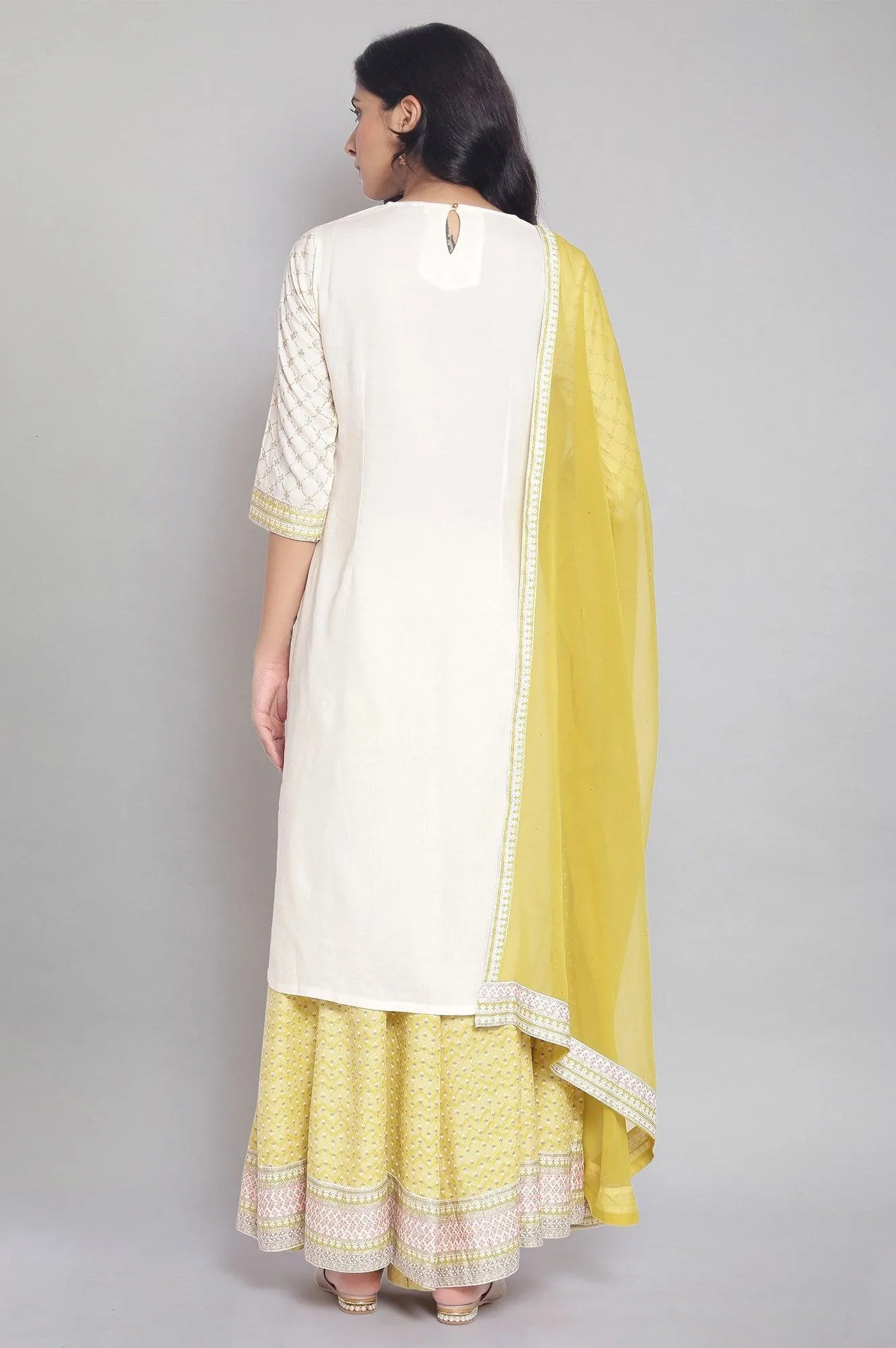 Ecru Mock Layered kurta-Culottes-Mesh Dupatta Set