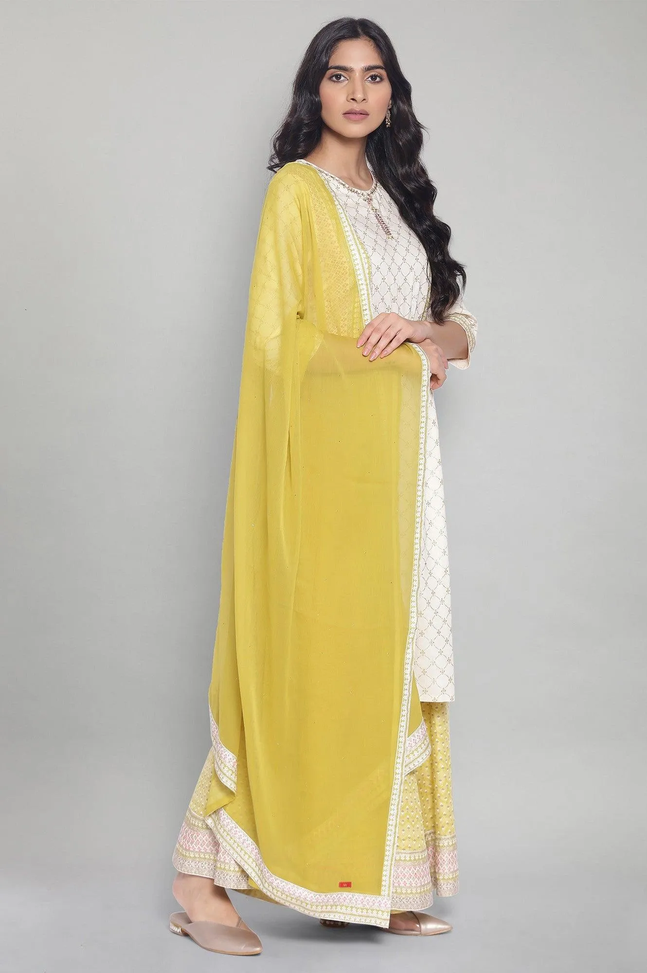 Ecru Mock Layered kurta-Culottes-Mesh Dupatta Set
