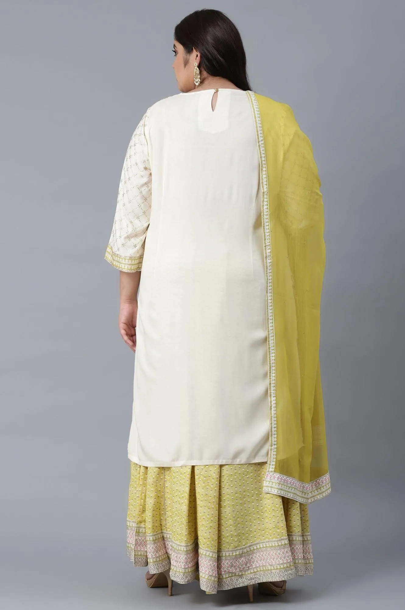 Ecru Mock Layered kurta-Culottes-Mesh Dupatta Set