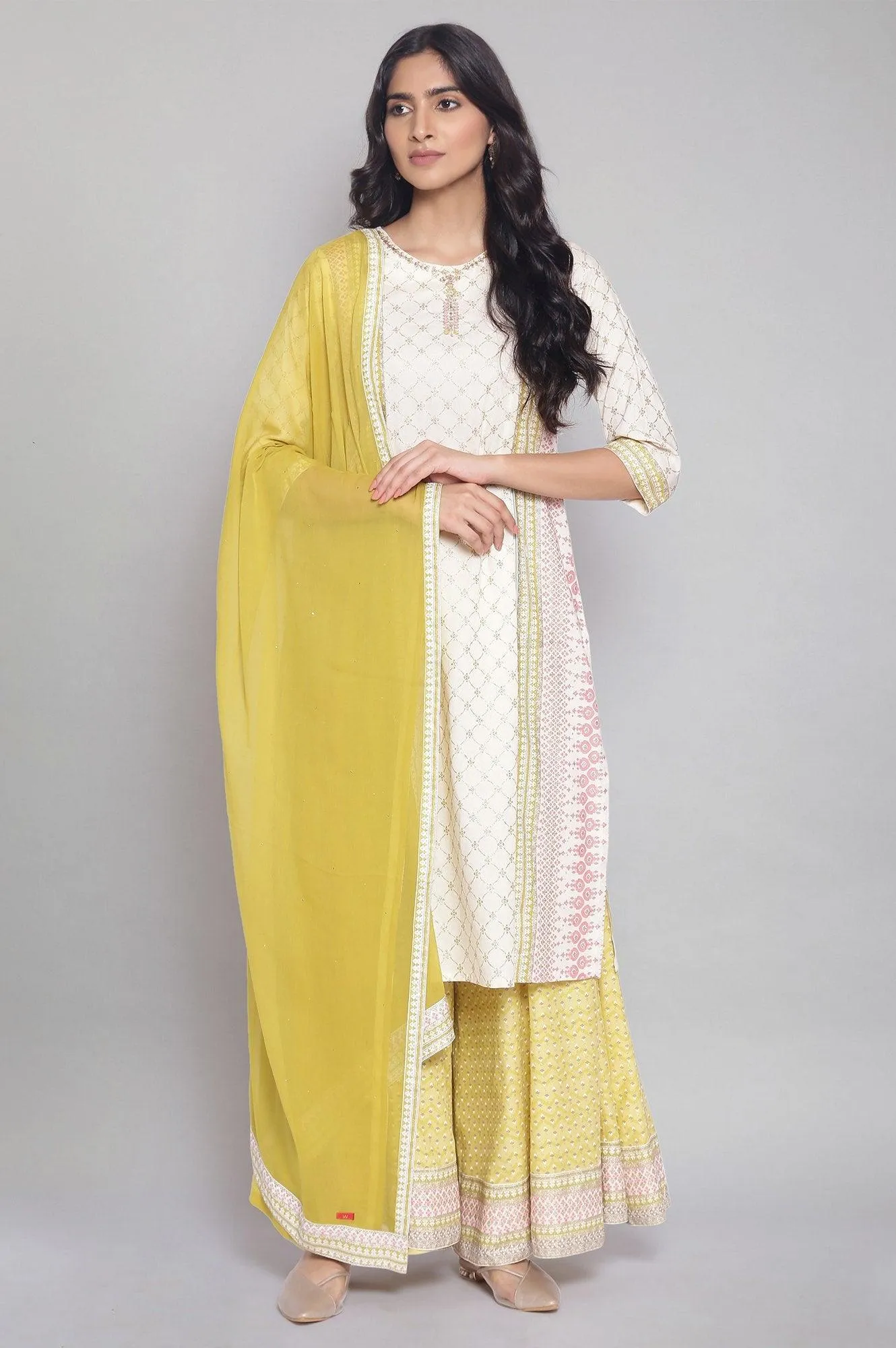 Ecru Mock Layered kurta-Culottes-Mesh Dupatta Set