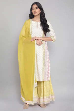 Ecru Mock Layered kurta-Culottes-Mesh Dupatta Set