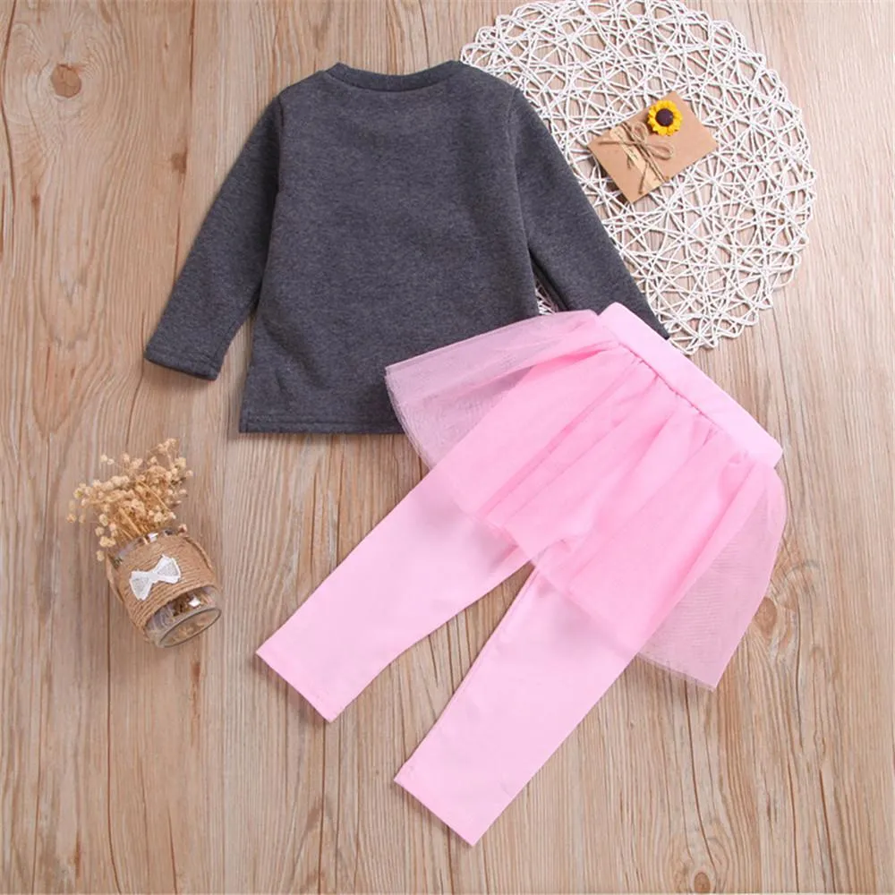 Girls Long Sleeve Letter Printed Tops & Tulle Culottes