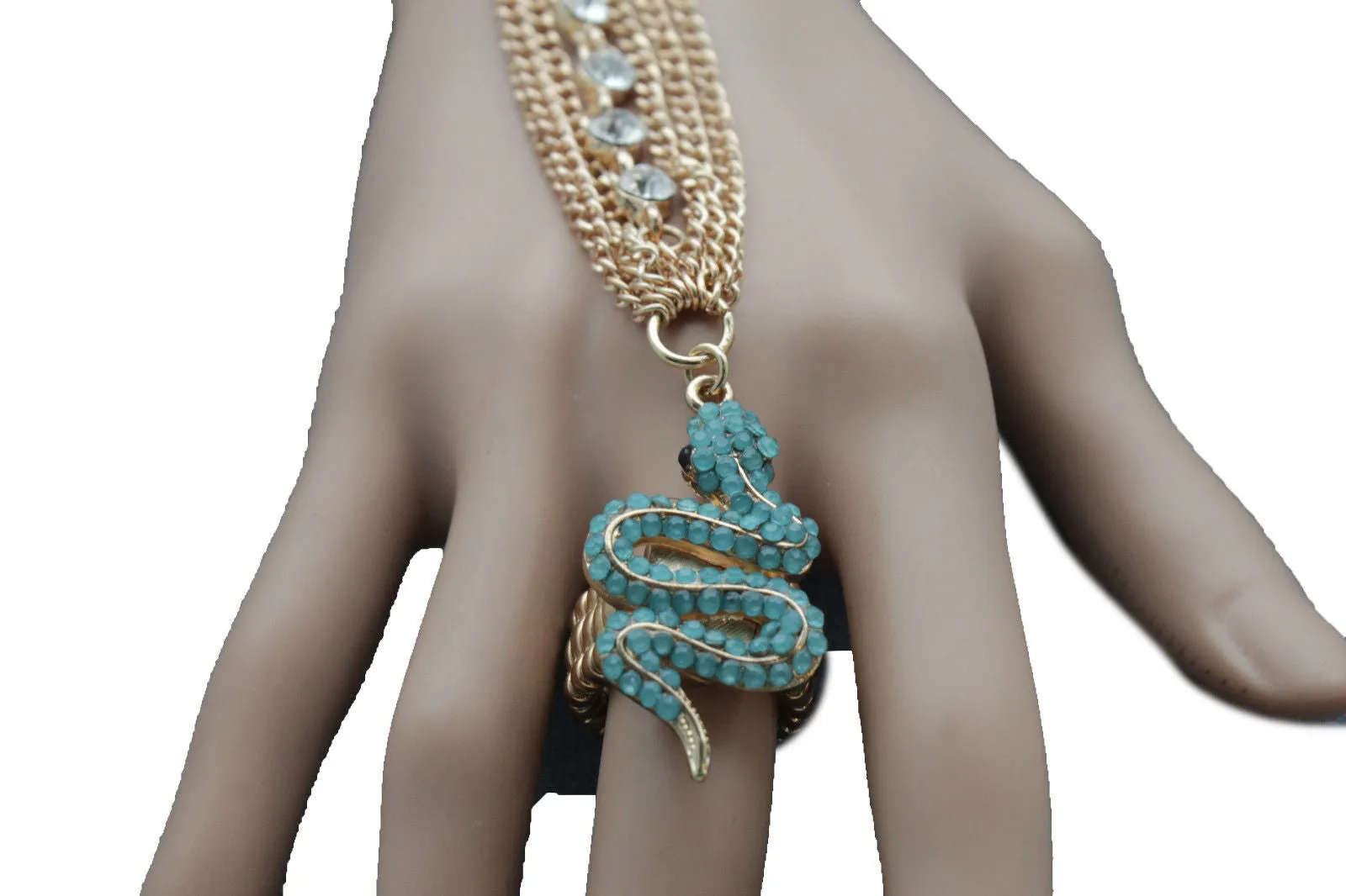 Gold Metal Hand Chain Bracelet Multi Rhinestone Turquoise Snake