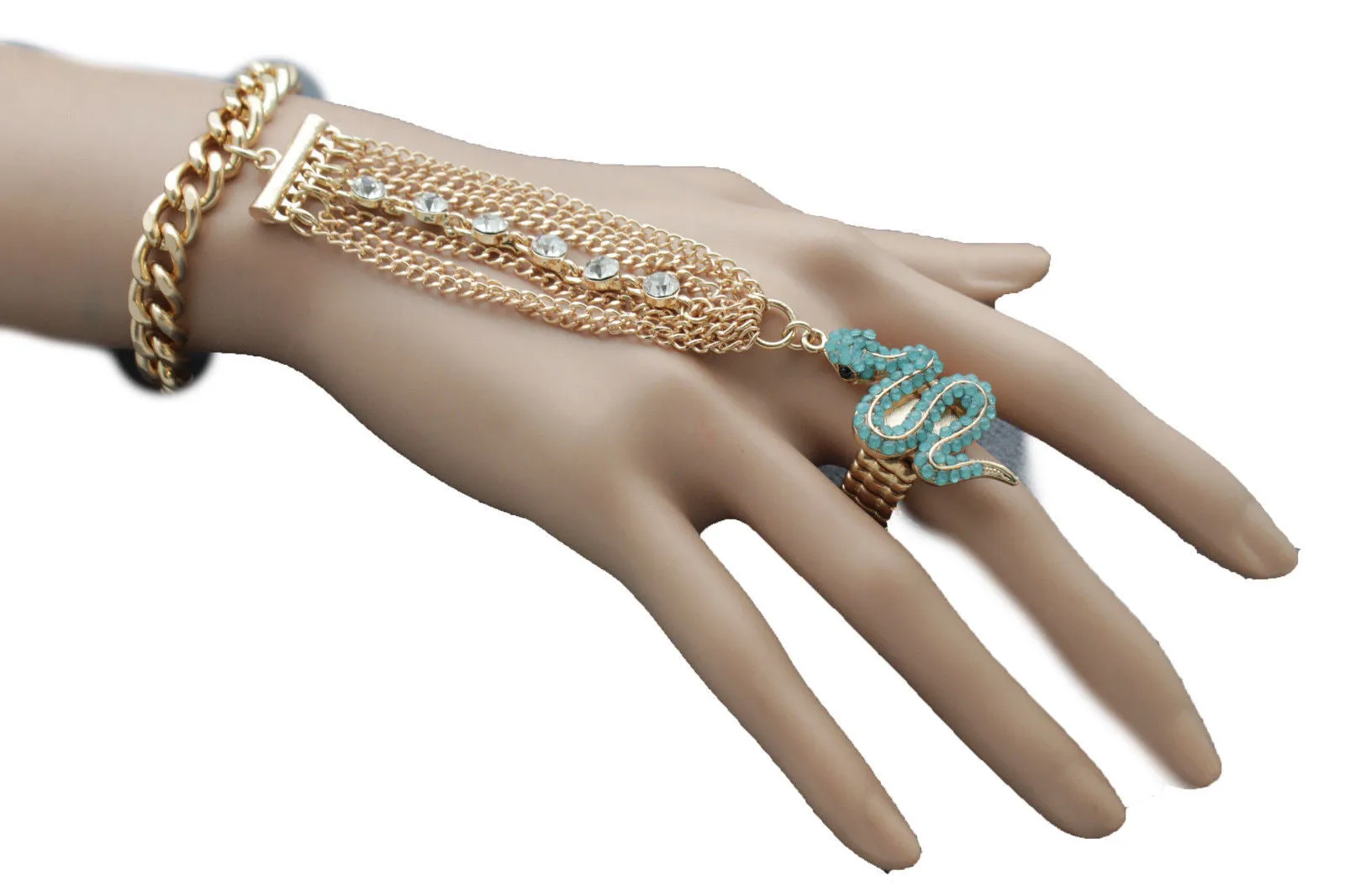 Gold Metal Hand Chain Bracelet Multi Rhinestone Turquoise Snake