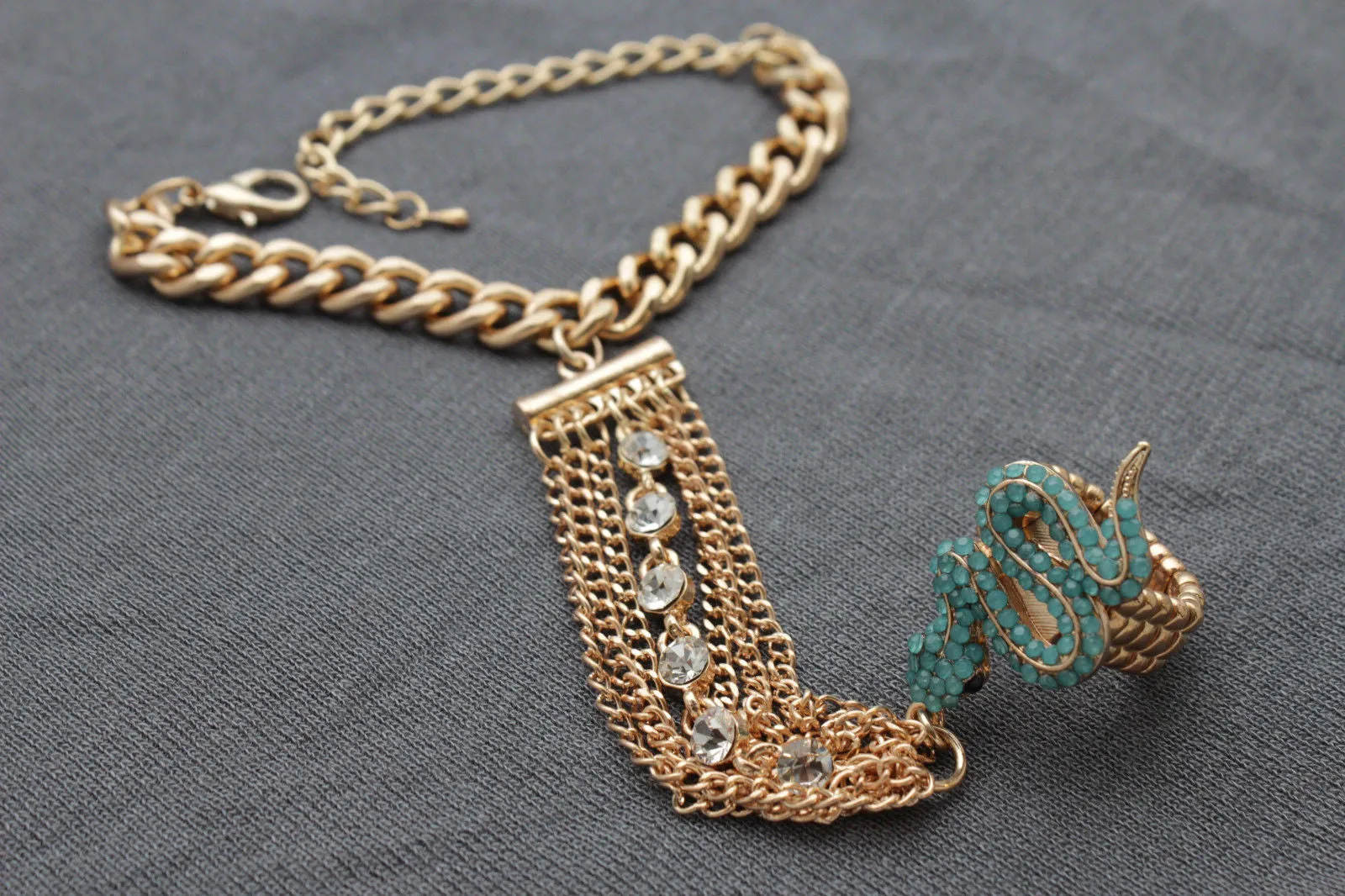 Gold Metal Hand Chain Bracelet Multi Rhinestone Turquoise Snake
