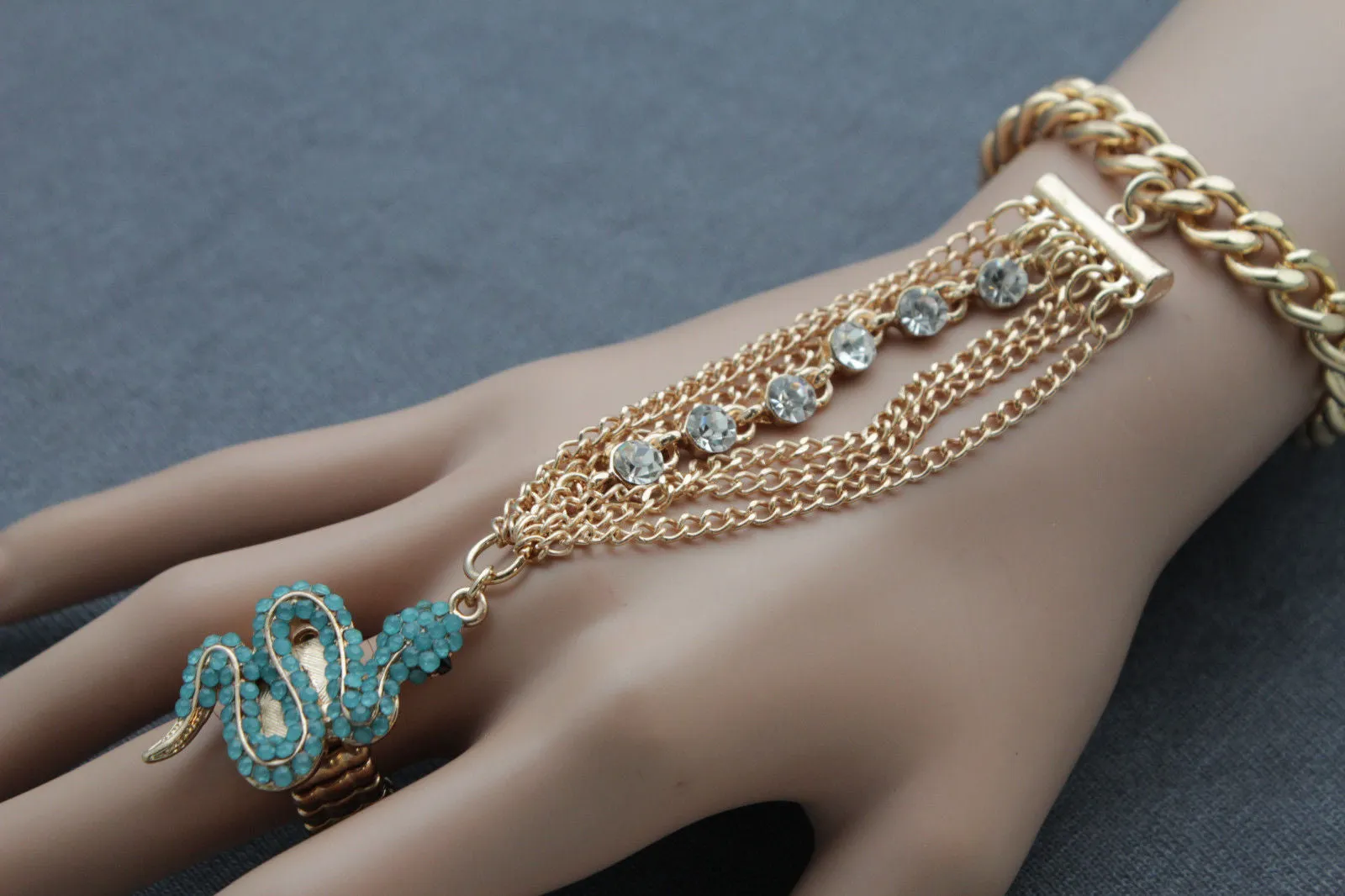Gold Metal Hand Chain Bracelet Multi Rhinestone Turquoise Snake