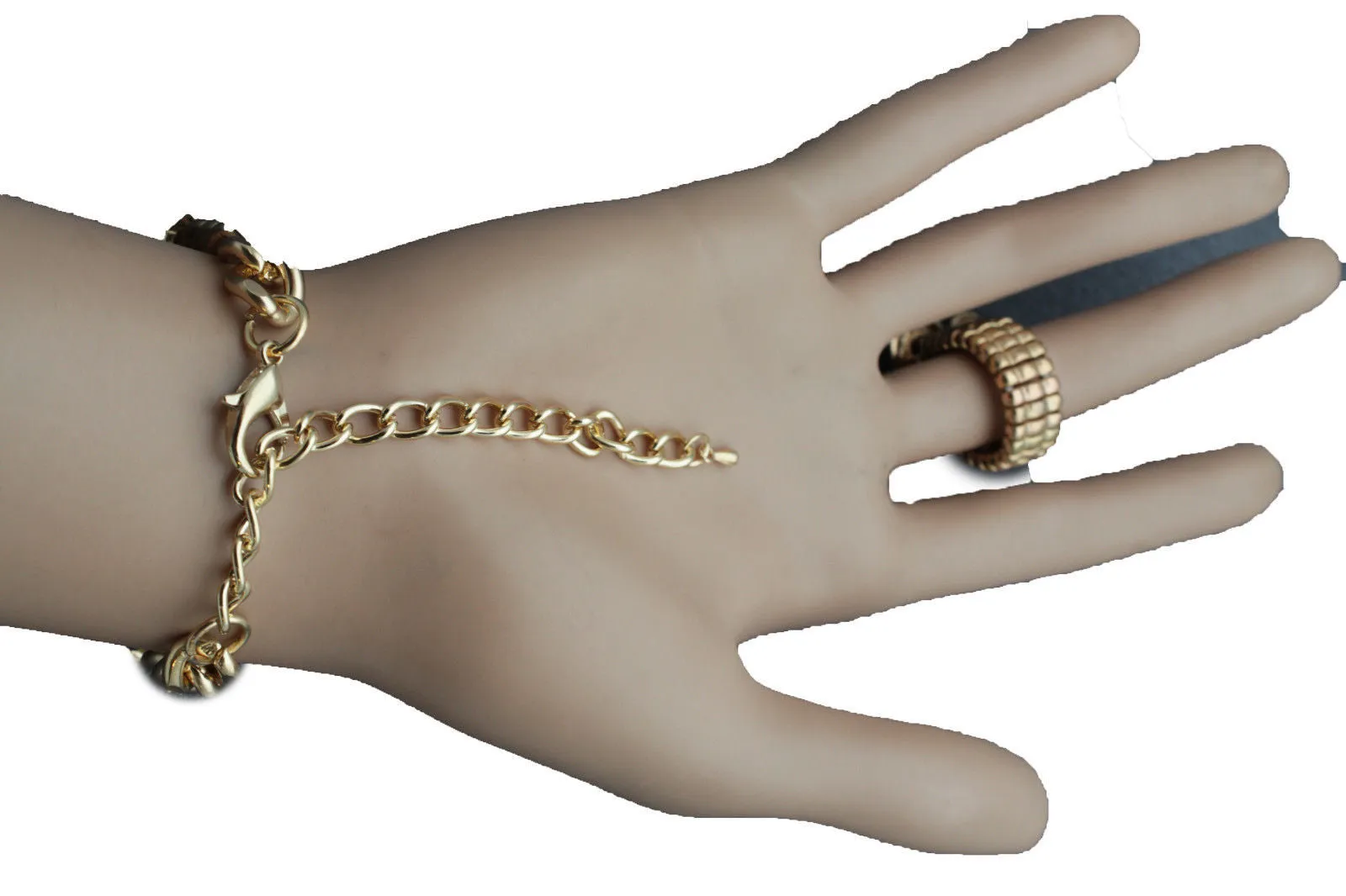 Gold Metal Hand Chain Bracelet Multi Rhinestone Turquoise Snake
