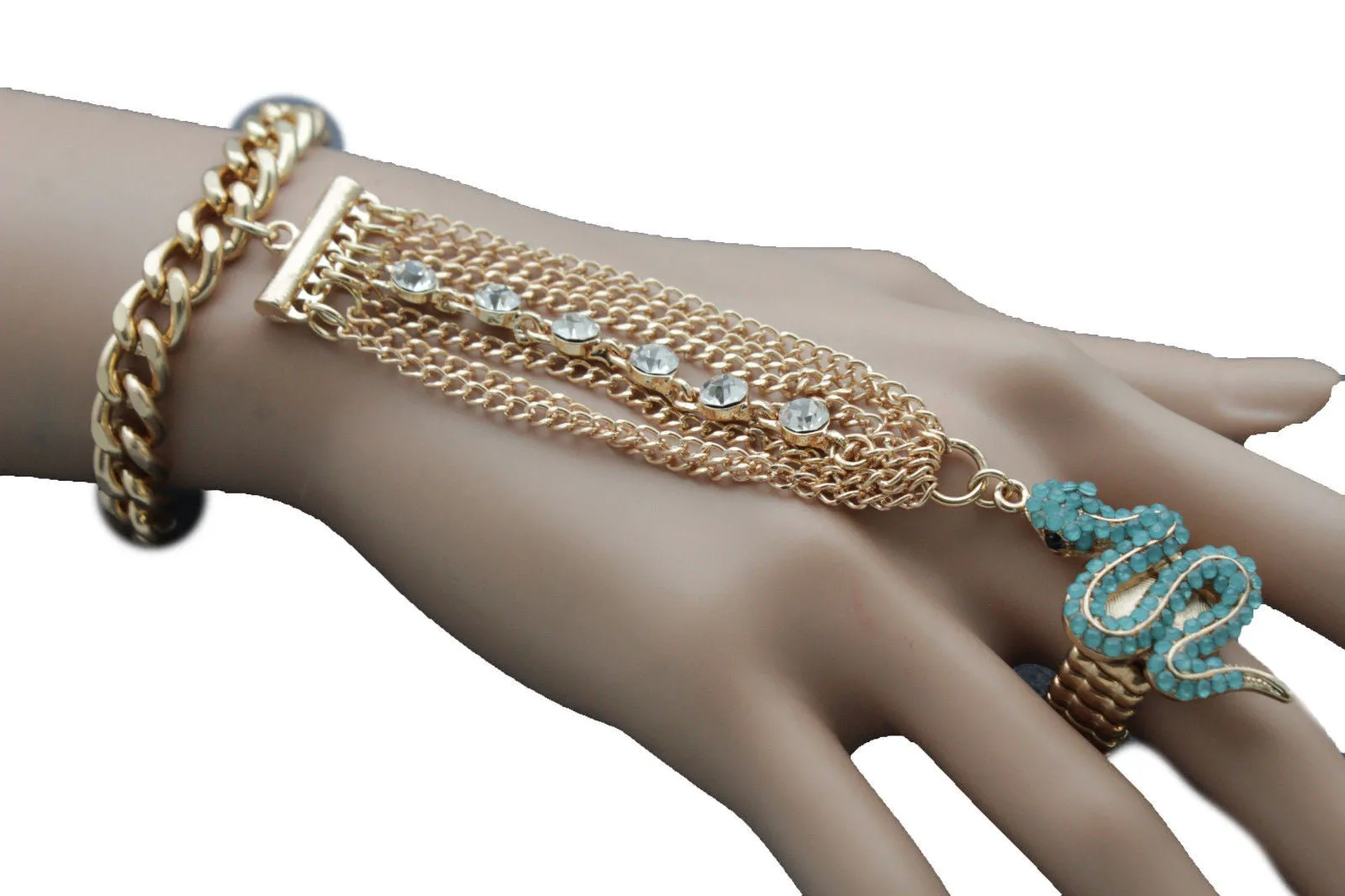 Gold Metal Hand Chain Bracelet Multi Rhinestone Turquoise Snake