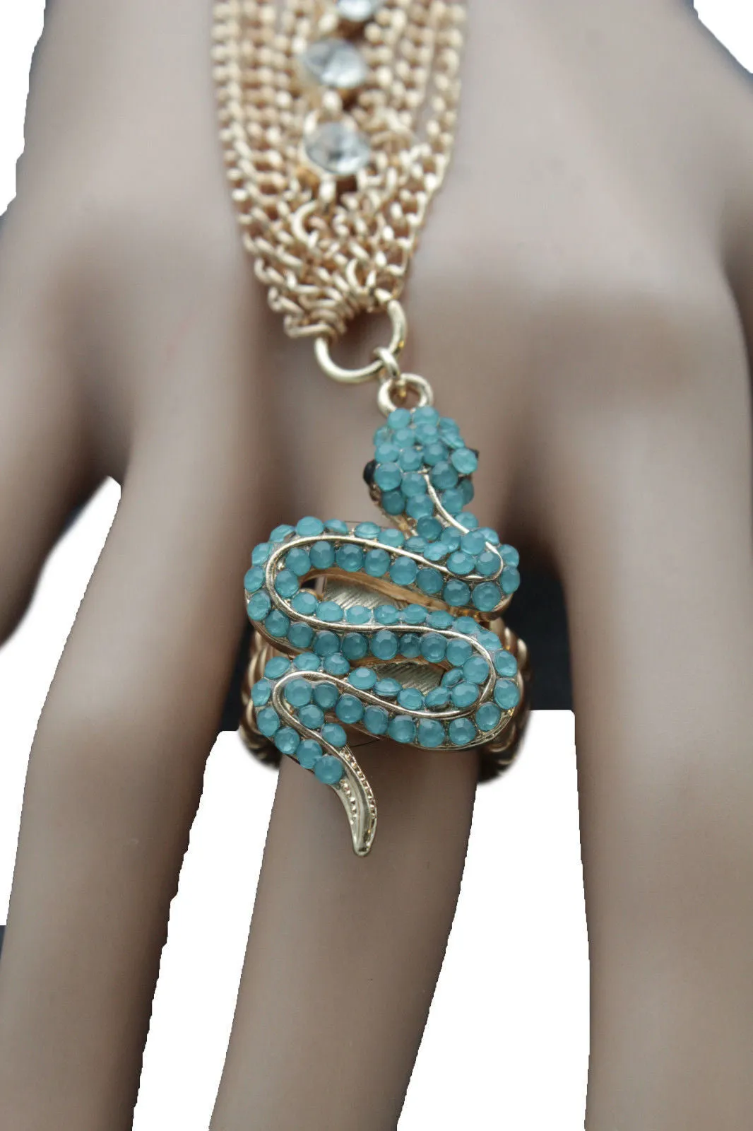 Gold Metal Hand Chain Bracelet Multi Rhinestone Turquoise Snake