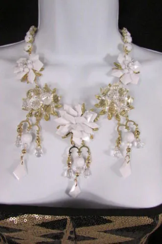 Gold Metals Chains White Or Aqua Blue Multi Trendy Beads Flowers Bib Necklace