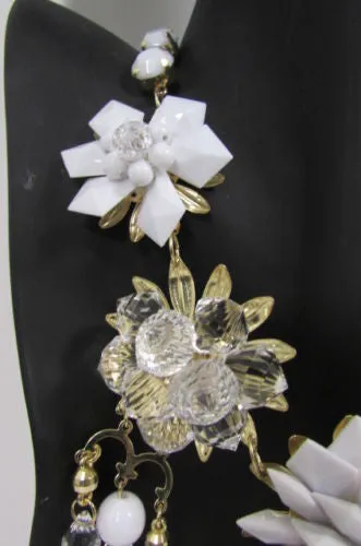 Gold Metals Chains White Or Aqua Blue Multi Trendy Beads Flowers Bib Necklace