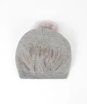 Gray Jewelled Pom Pom Beanie