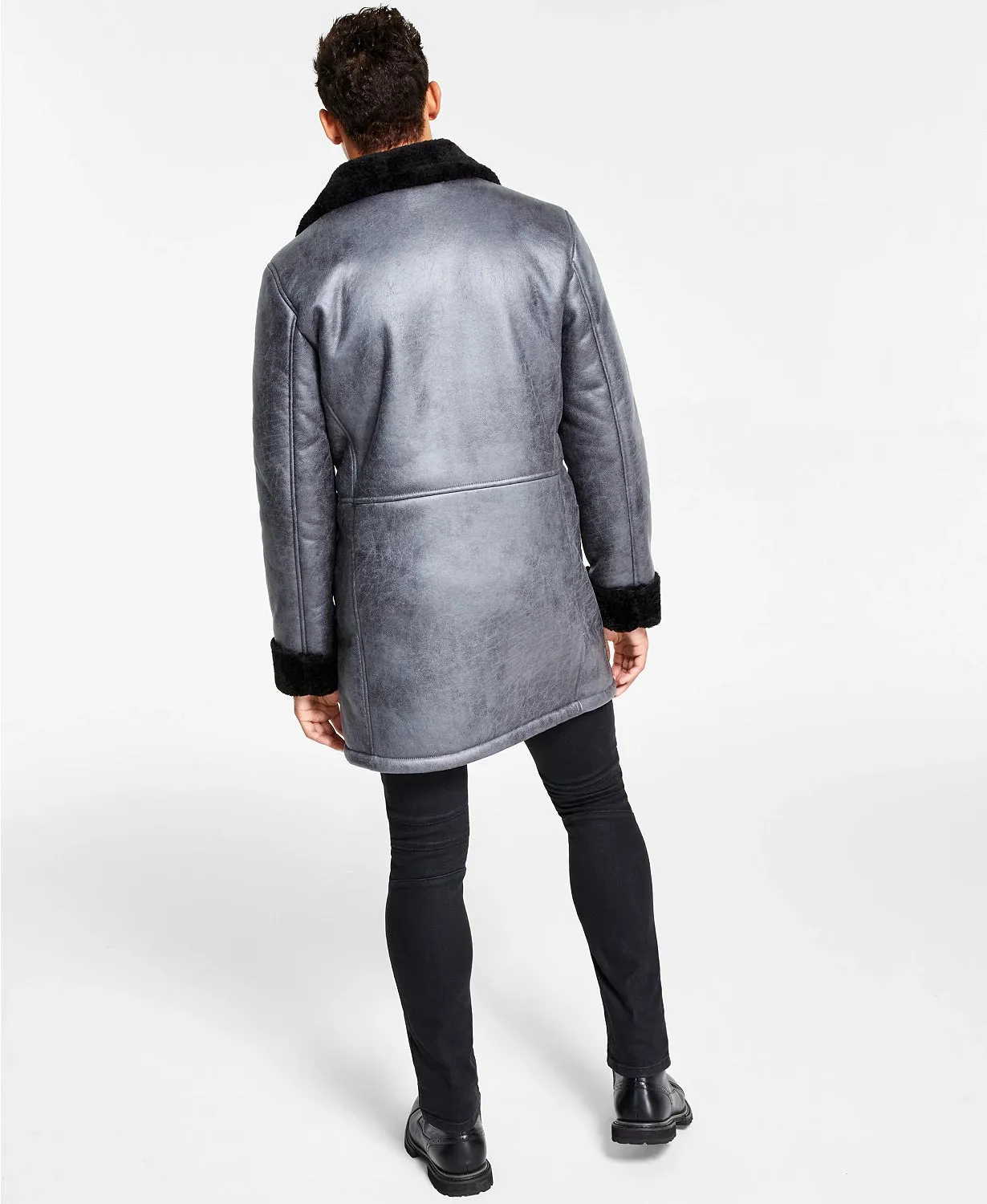 INC International Concepts Men's Faux-Fur-Trim Faux-Leather Coat  Color Gray Size S