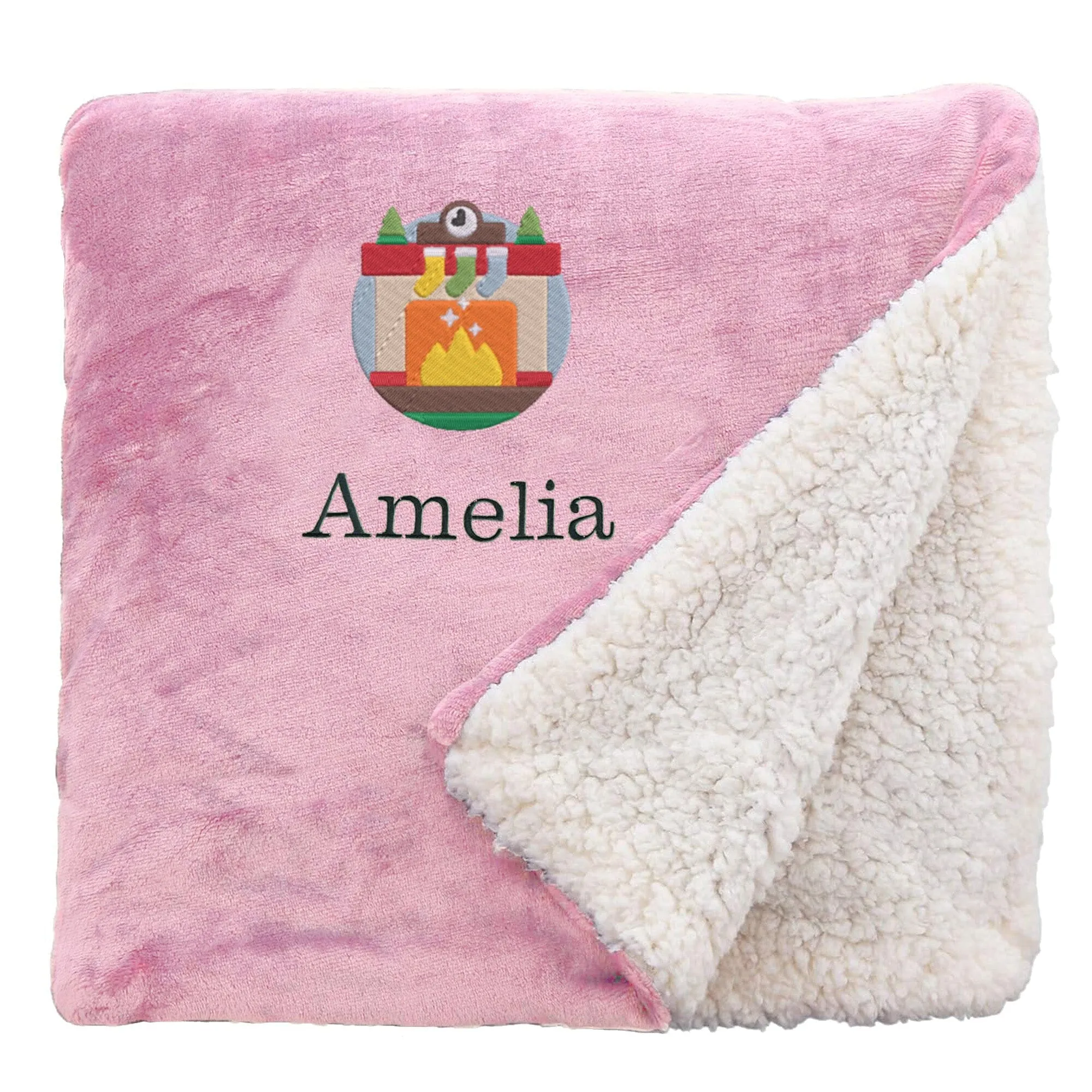 Personalised Cosy Christmas Blanket With Embroidered Winter Fireplace Design