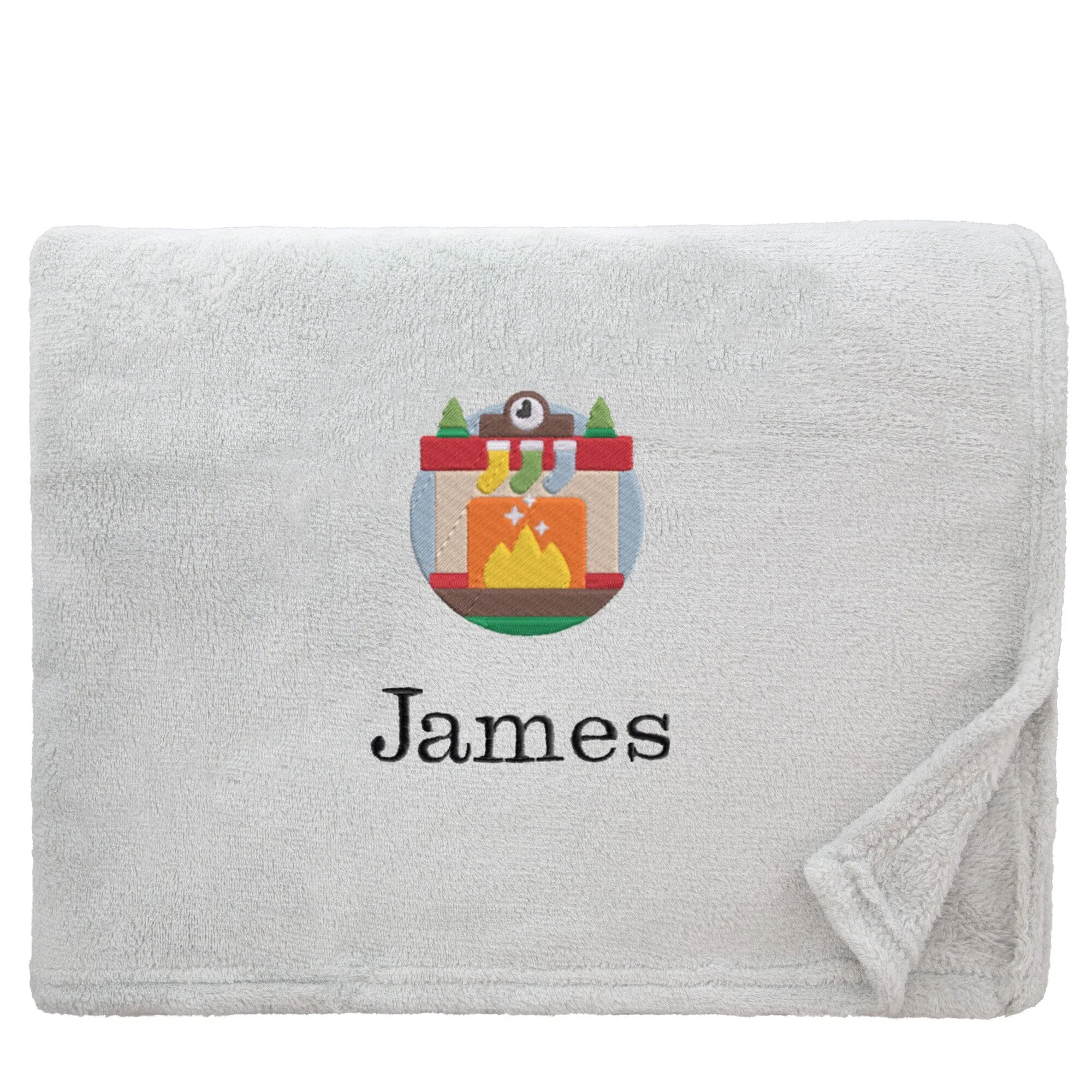 Personalised Cosy Christmas Blanket With Embroidered Winter Fireplace Design