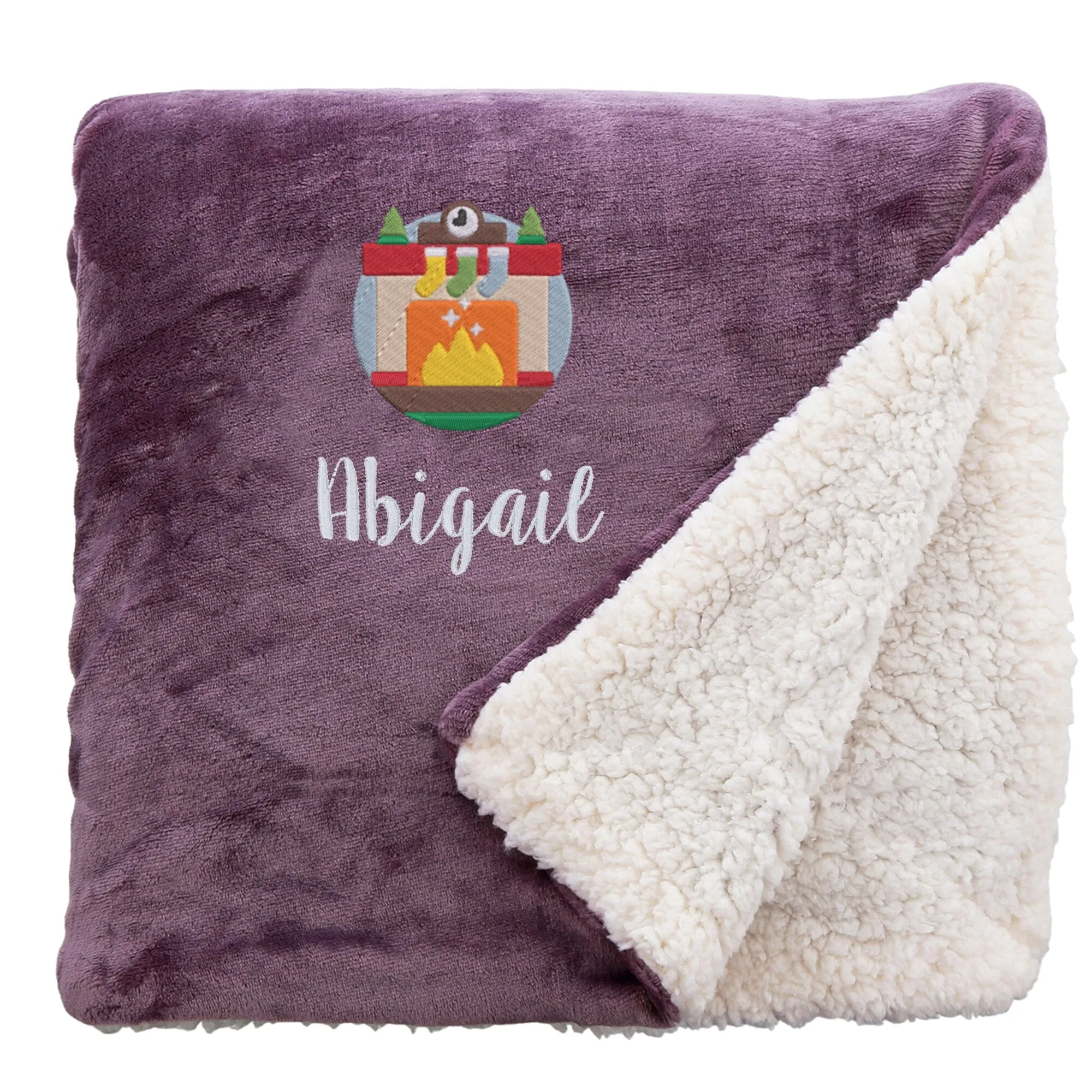 Personalised Cosy Christmas Blanket With Embroidered Winter Fireplace Design