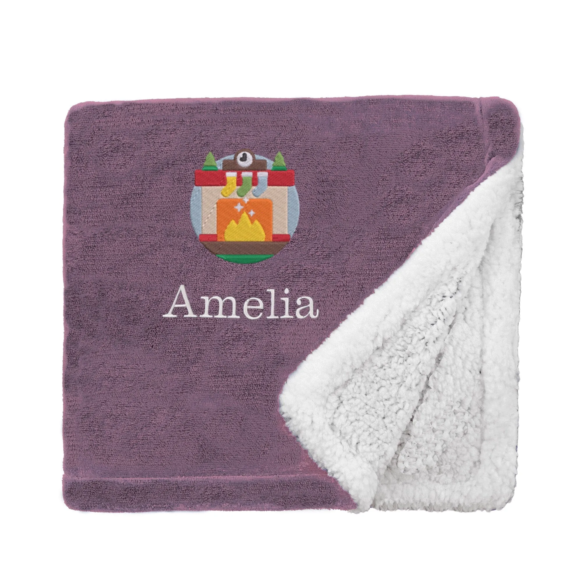 Personalised Cosy Christmas Blanket With Embroidered Winter Fireplace Design
